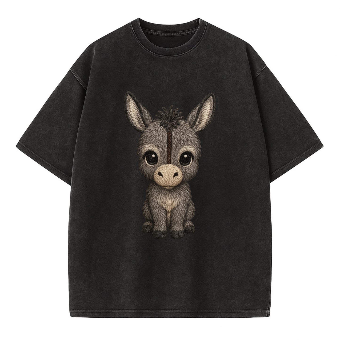 Baby Donkey Foal - gray fluffy, long ears, dark stripe, gentle eyes, - Vintage T-shirt - Black