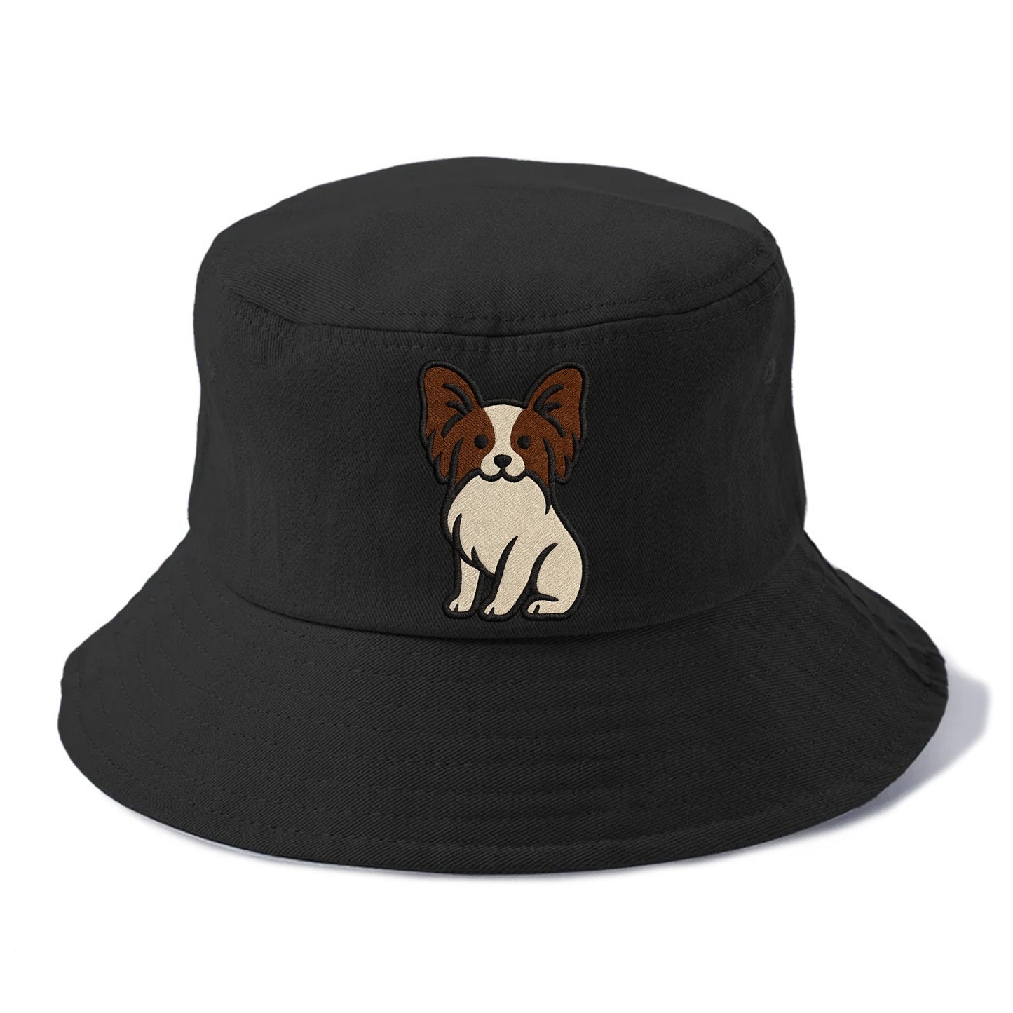 Papillon - White with brown ears sitting Bucket Hat - Black