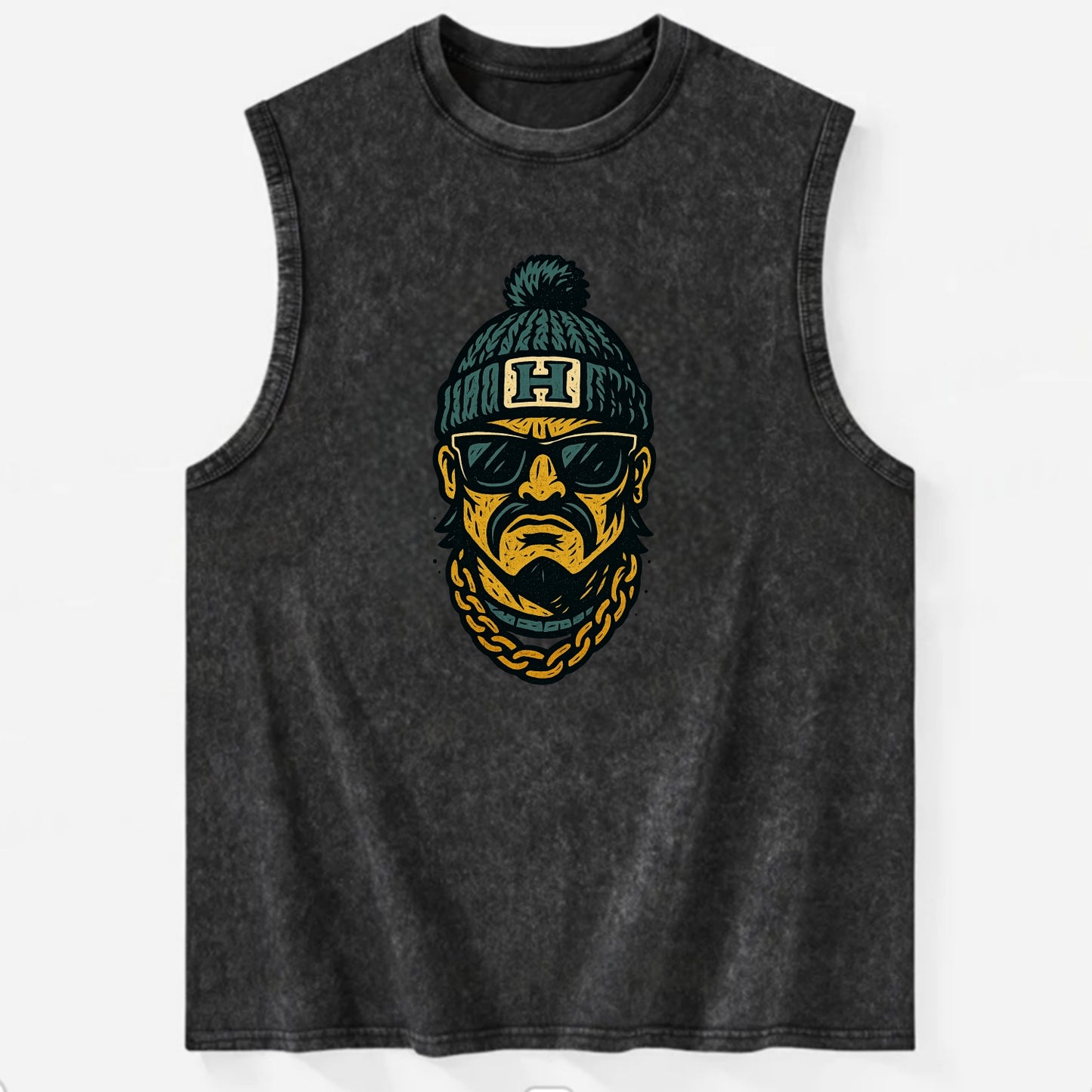 Honolulu Warrior wearing Hawaii beanie with H patch - Vintage Washed Tank - Black