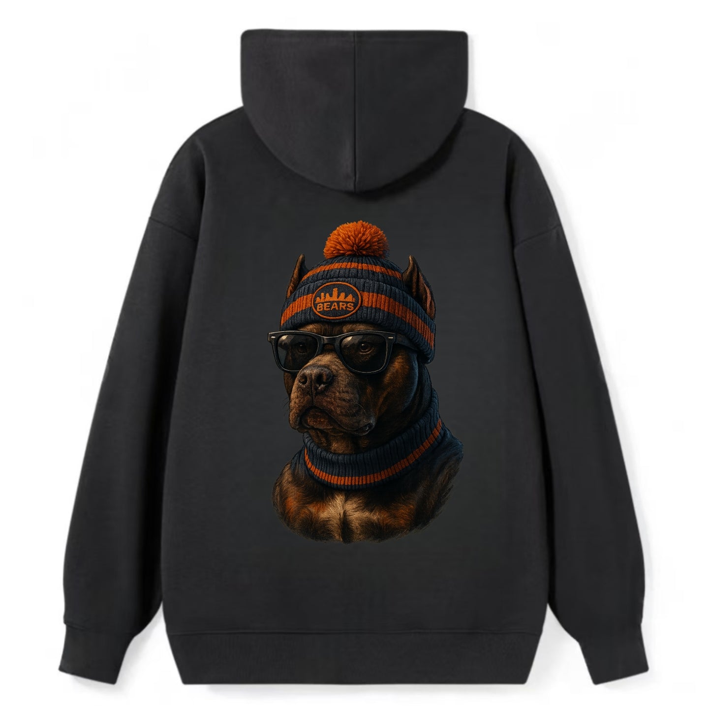 Chicago Pitbull wearing Bears beanie with skyline patch and wayfarer - Classic Pullover Hoodie - Black