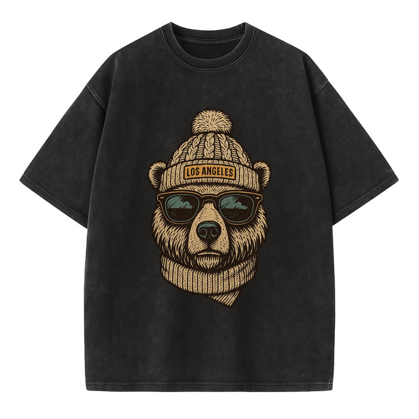 California Grizzly Bear wearing Los Angeles beanie with pom pom and wayfarer - Vintage T-shirt - Black