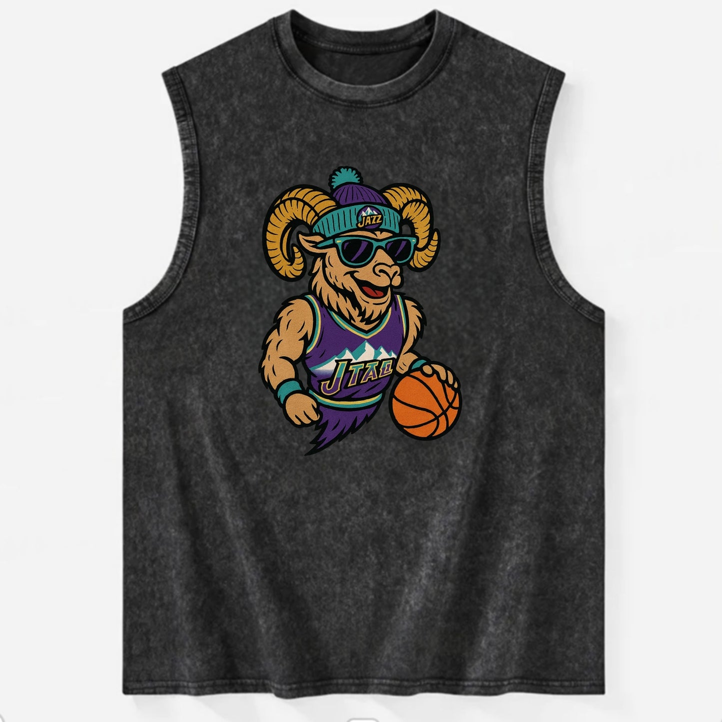 Utah Bighorn wearing Jazz beanie with mountain melody patch and wayfarer - Vintage Washed Tank - Black