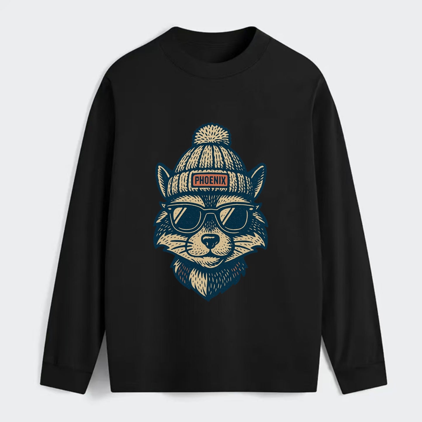 Arizona Ringtail wearing Phoenix beanie with pom pom and wayfarer - Classic Long Sleeve Shirt - Black