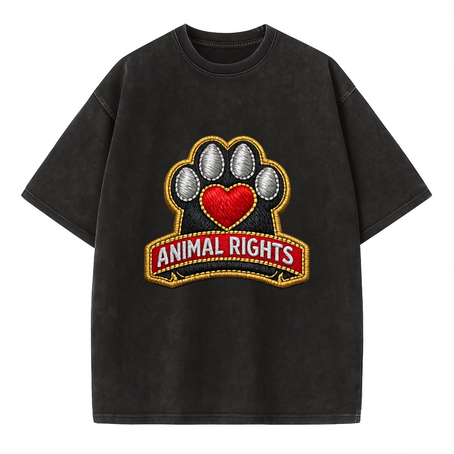 ANIMAL RIGHTS - raised paw with heart in red , advocacy - Vintage T-shirt - Black