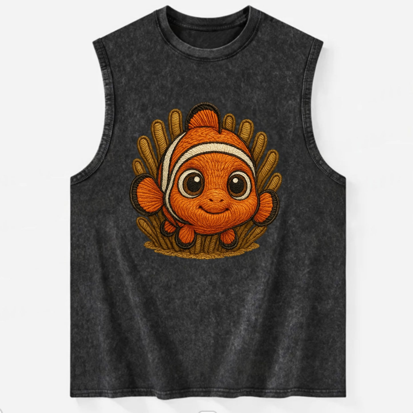 Baby Clownfish - orange with white stripes, big round eyes, front-facing in - Vintage Washed Tank - Black