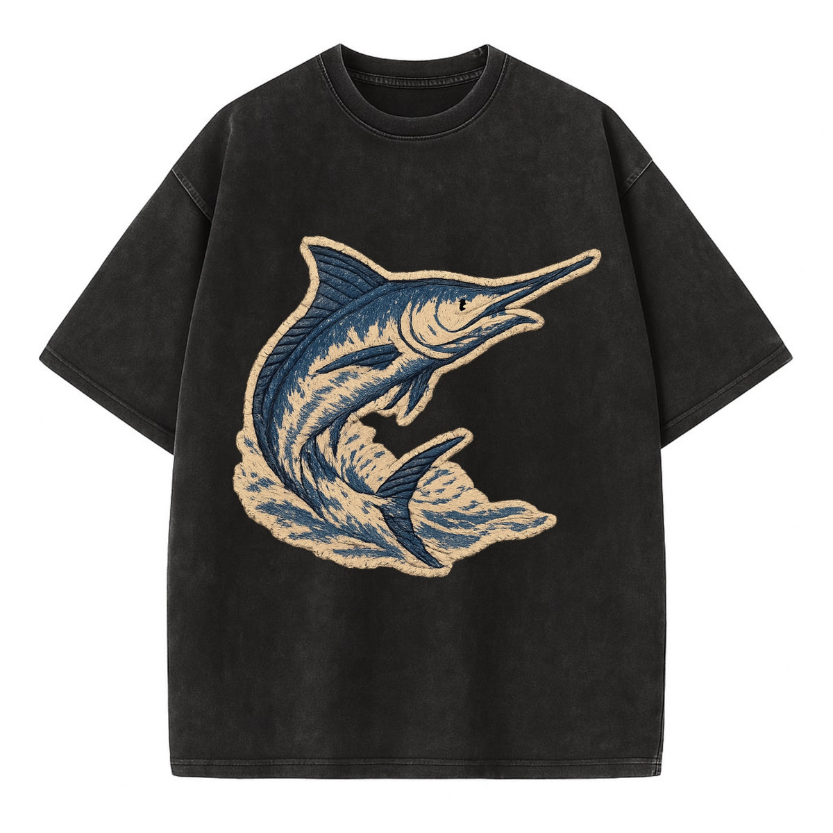 SWORDFISH MARLIN - leaping marlin in blue and silver , sport fishing - Vintage T-shirt - Black
