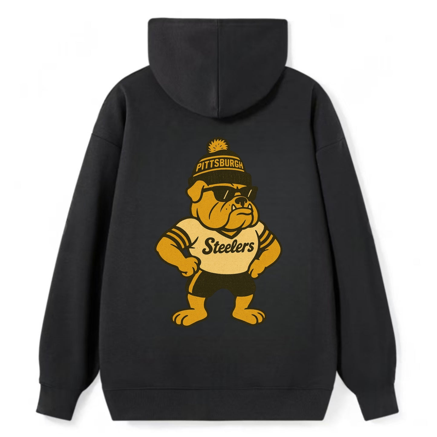 Pittsburgh Bulldog wearing Steelers black and gold beanie with pom pom - Classic Pullover Hoodie - Black