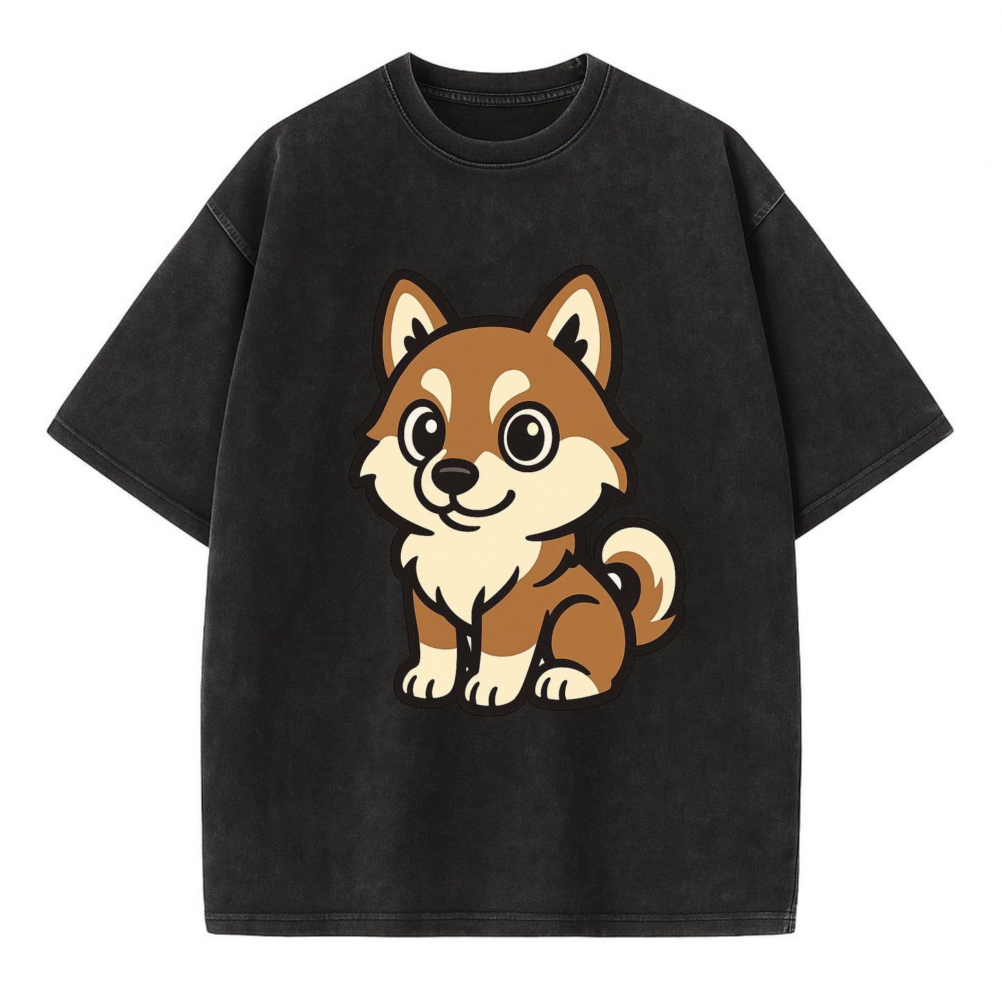 Pomsky - Pomeranian-Husky mix sitting pose - Vintage T-shirt - Black