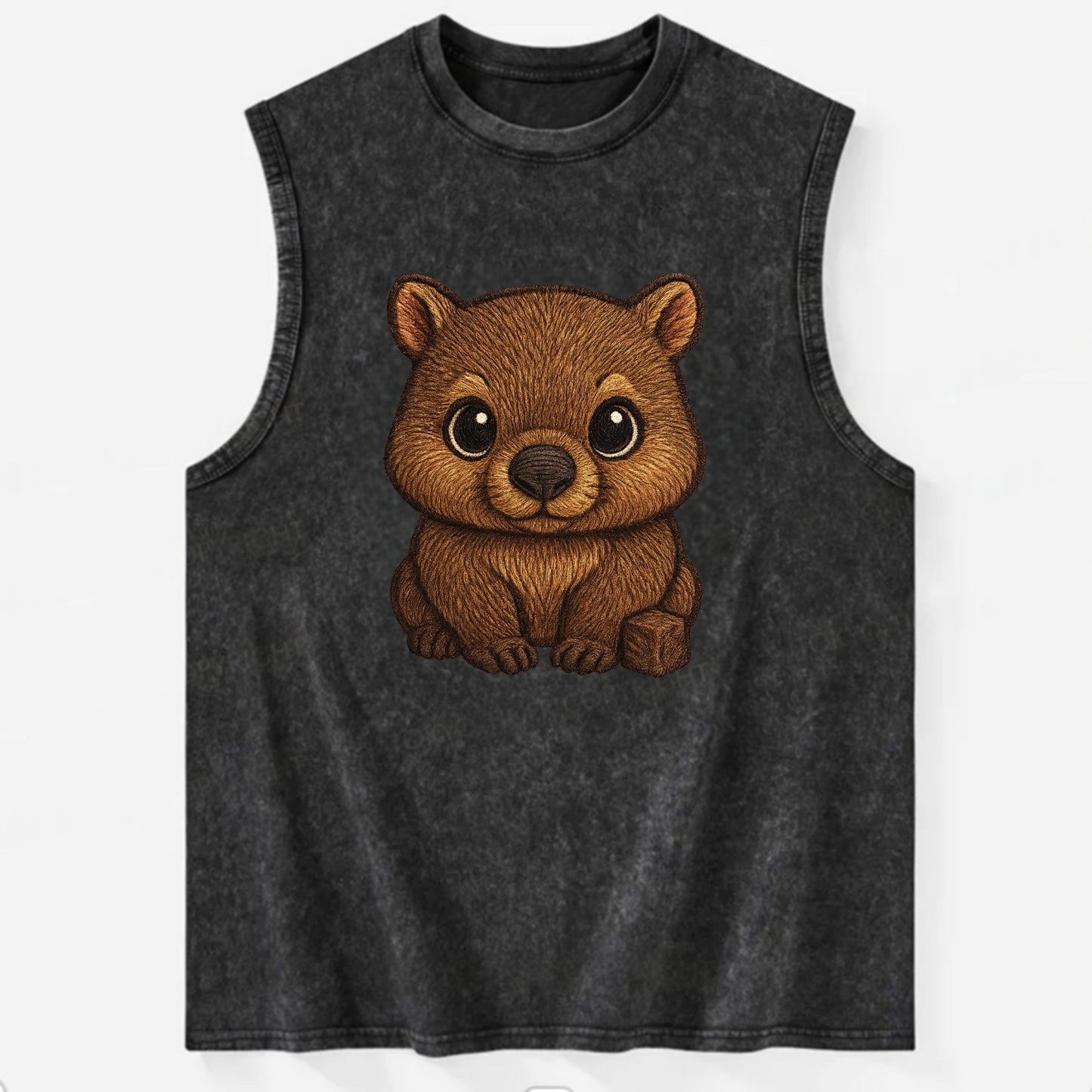 Baby Wombat - brown fur, square nose, small ears, dark eyes, front-facing, - Vintage Washed Tank - Black