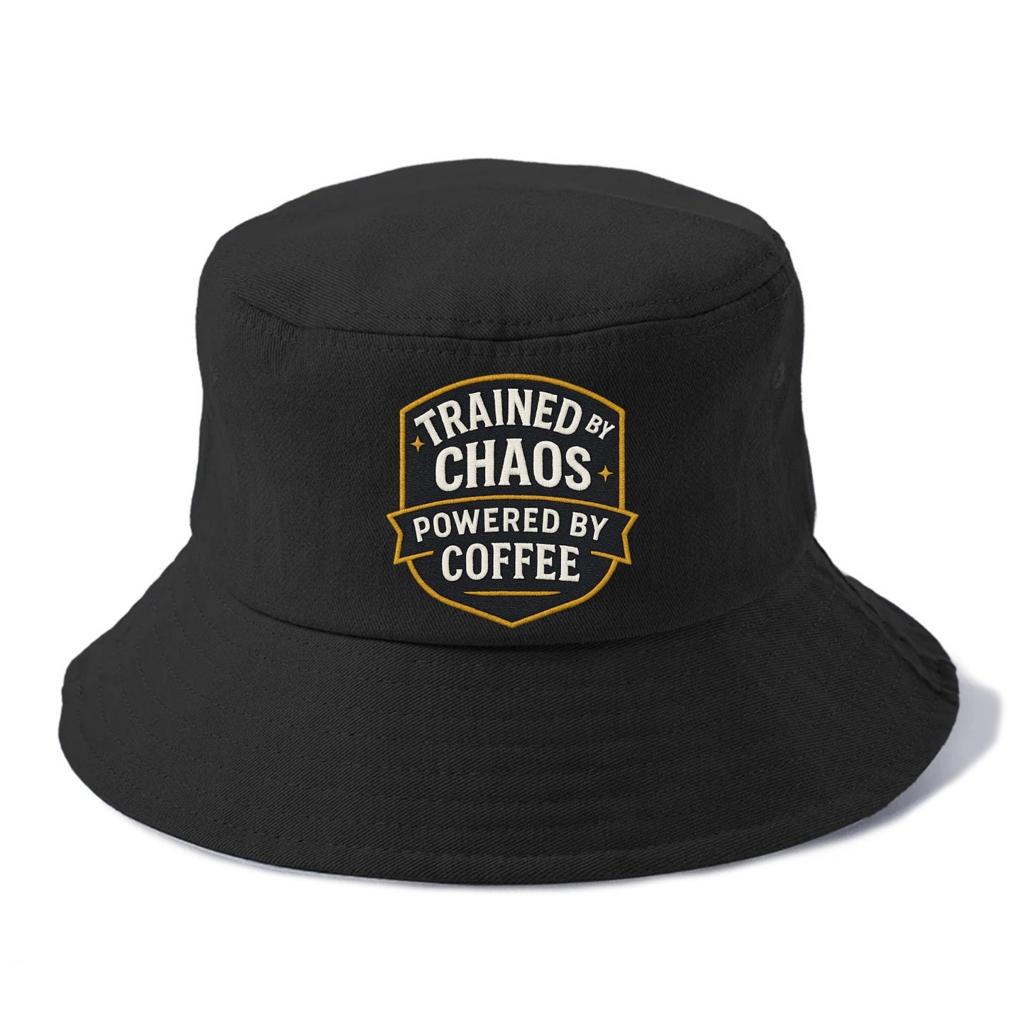 Trained by chaos, powered by coffee - Bucket Hat - Black