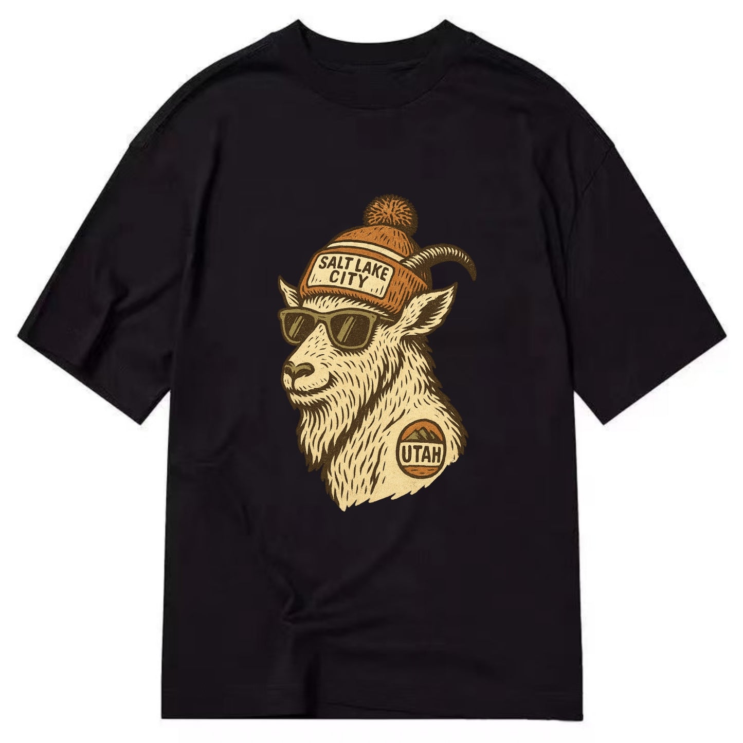 Utah Mountain Goat wearing Salt Lake City beanie with pom pom and wayfarer - Classic T-shirt - Black