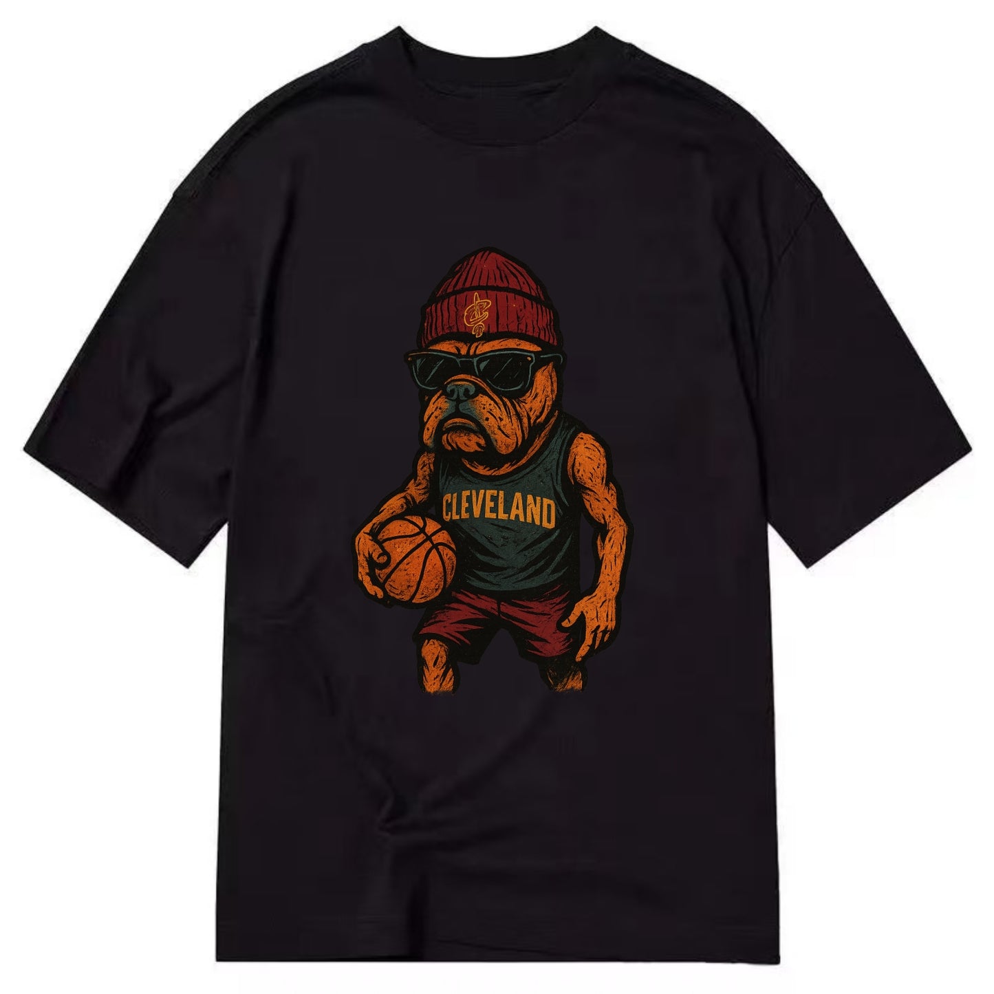 Cleveland Bulldog wearing Cavaliers wine and gold beanie with sword patch and - Classic T-shirt - Black