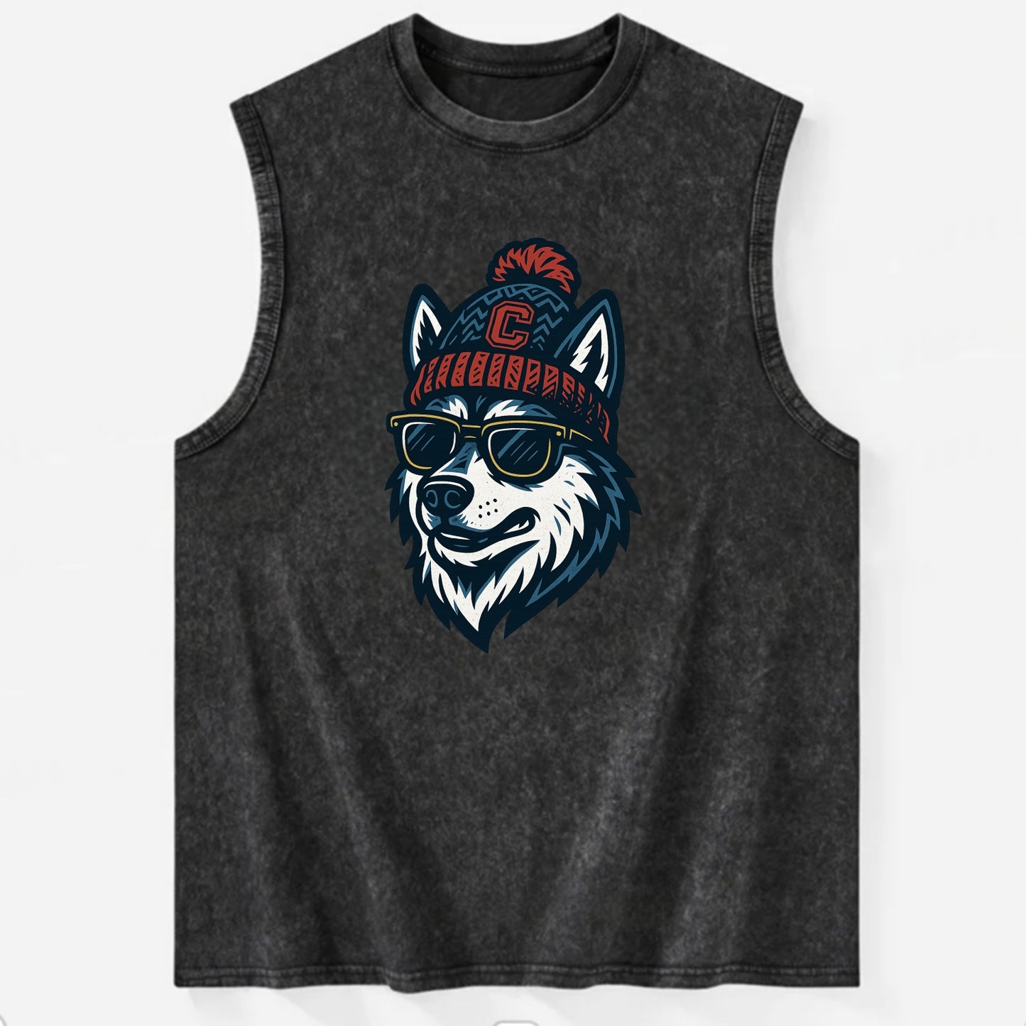 Storrs Husky wearing UConn beanie with C patch - Vintage Washed Tank - Black