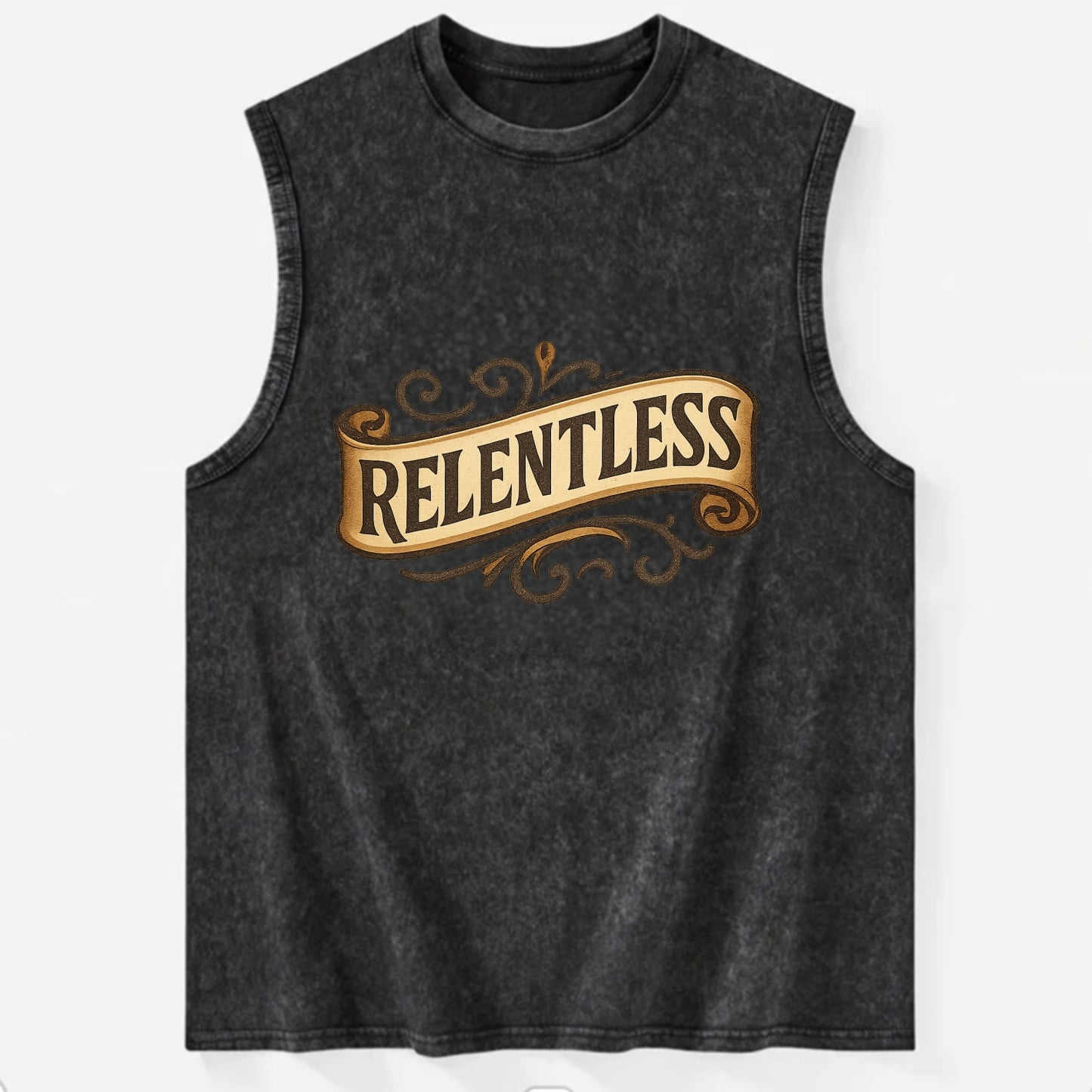 Bold typography design - "RELENTLESS" - never giving up, persistent pursuit - Vintage Washed Tank - Black