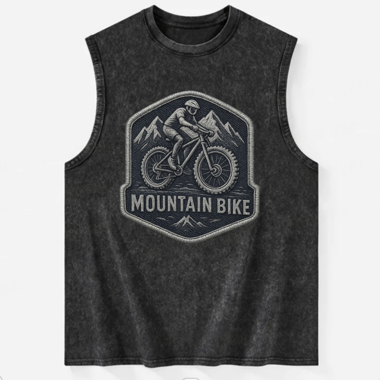 Mountain bike with rugged tires - cyclist badge - Vintage Washed Tank - Black