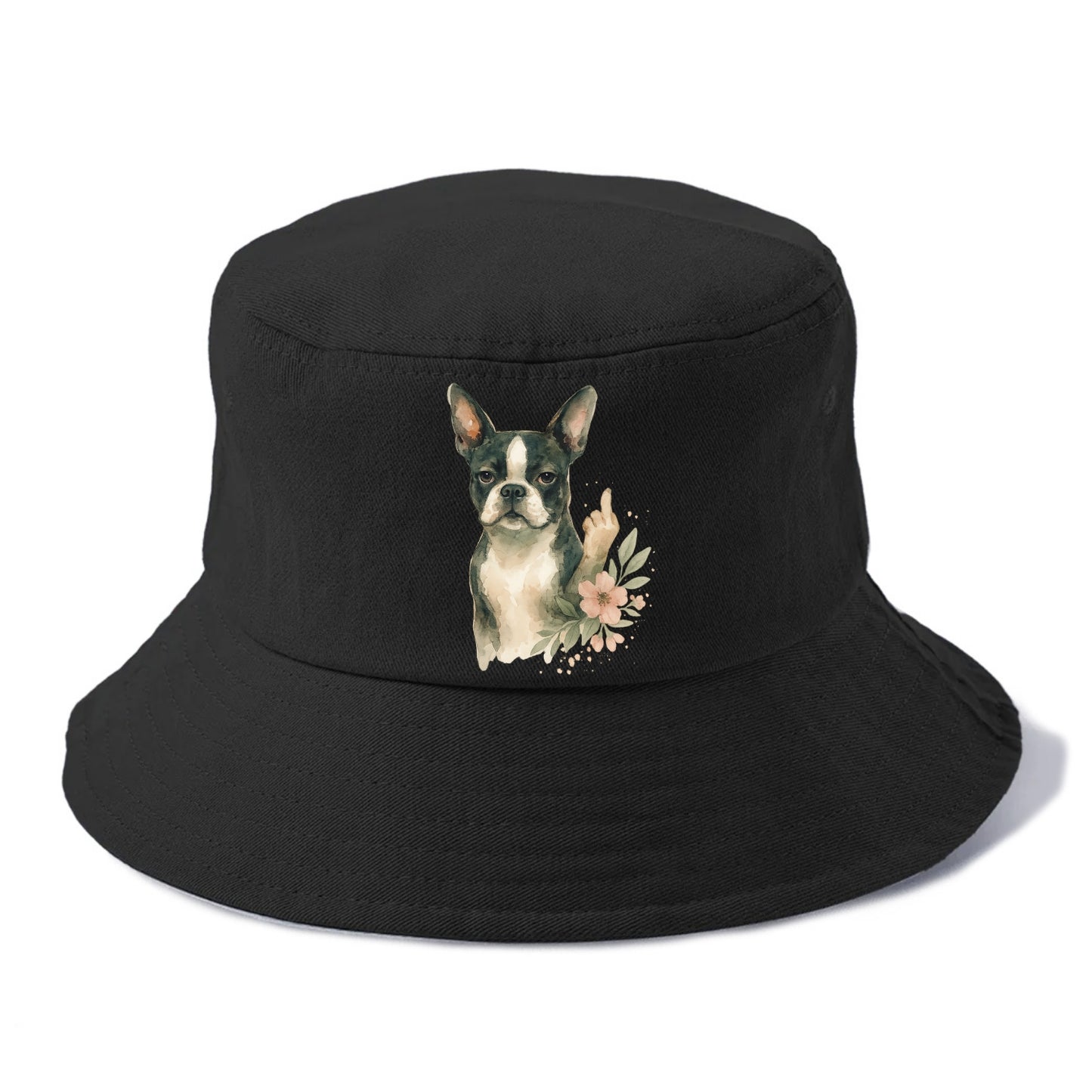 Boston Terrier with tuxedo markings, perky ears, paw up giving sass - Bucket Hat - Black