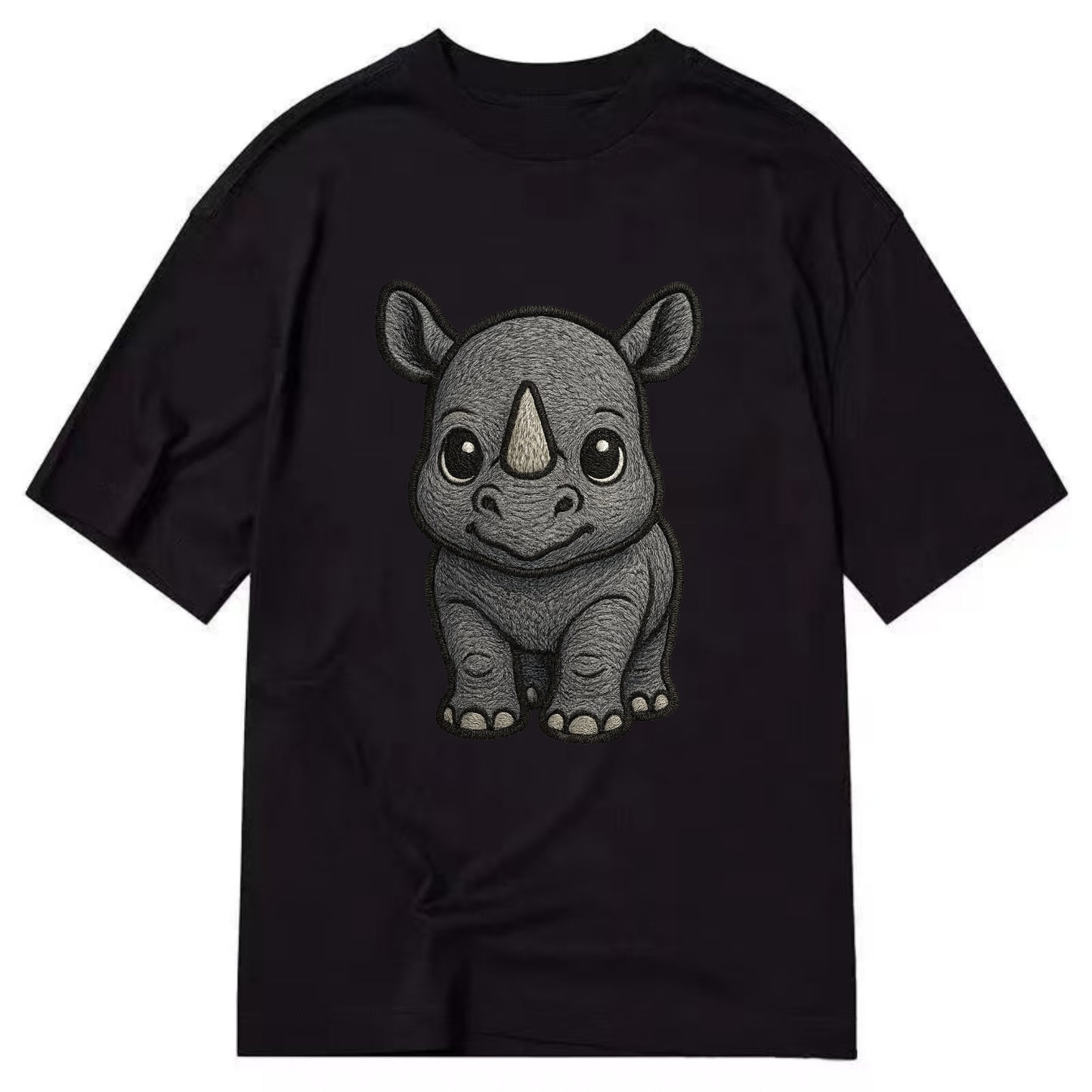 Baby Rhino - gray armor skin, tiny horn nub, round eyes, front-facing, tank baby - Classic T-shirt - Black