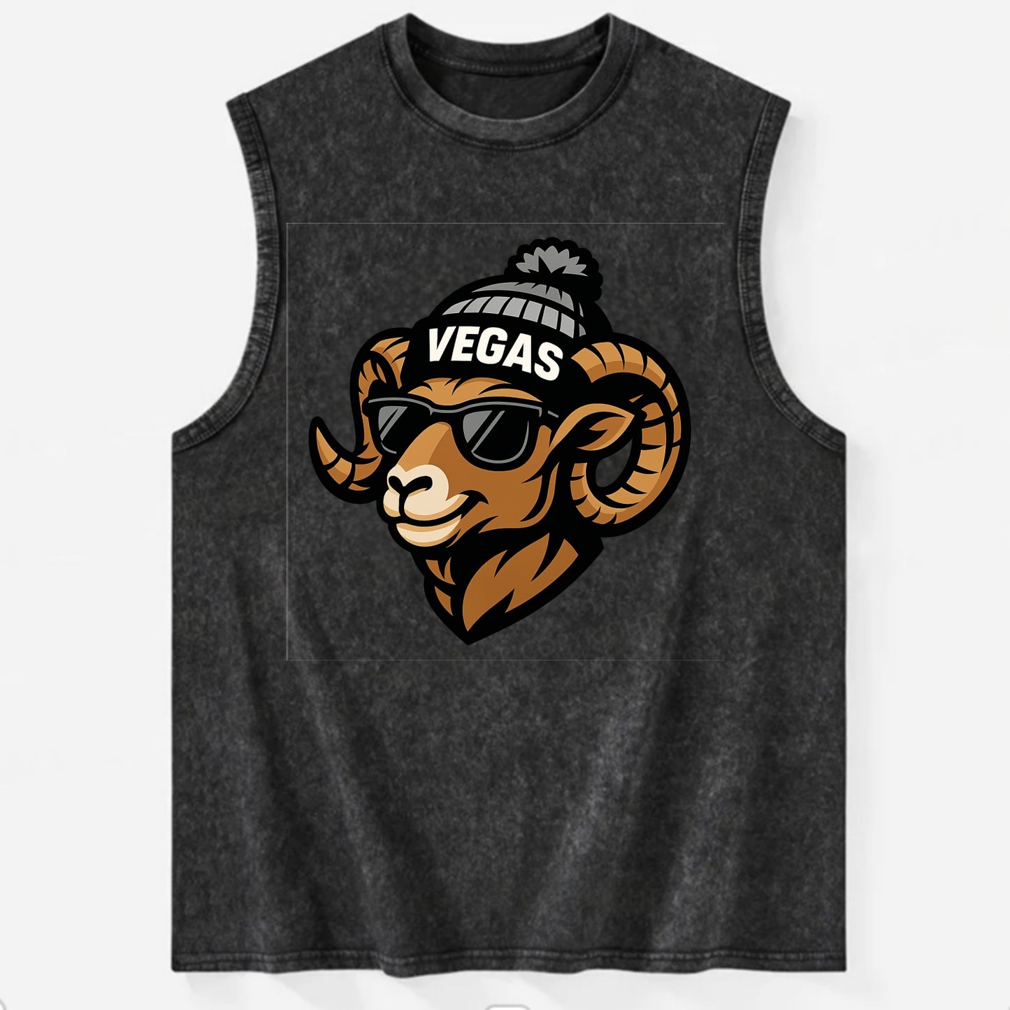 Vegas Desert Bighorn wearing Raiders silver and black beanie with pom pom and - Vintage Washed Tank - Black