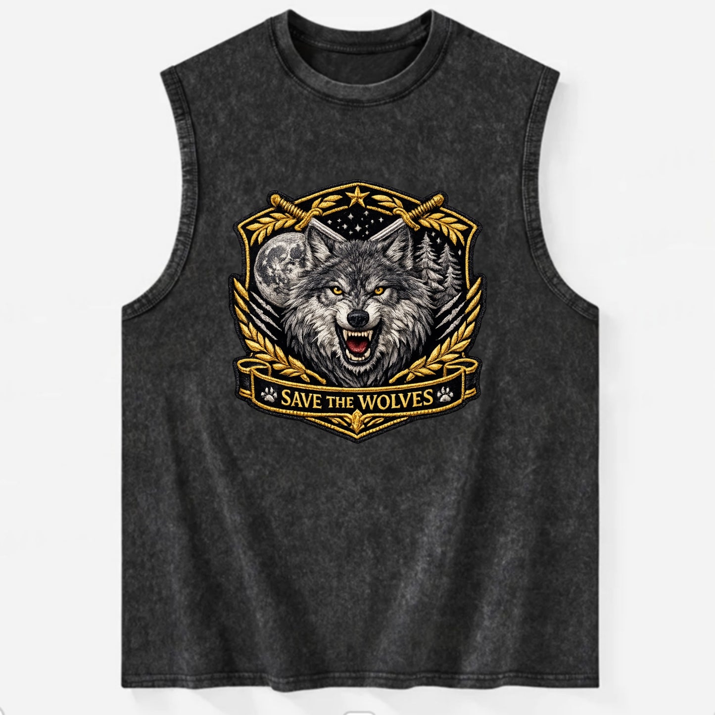 SAVE THE WOLVES - wolf moon in gray , predator protection - Vintage Washed Tank - Black