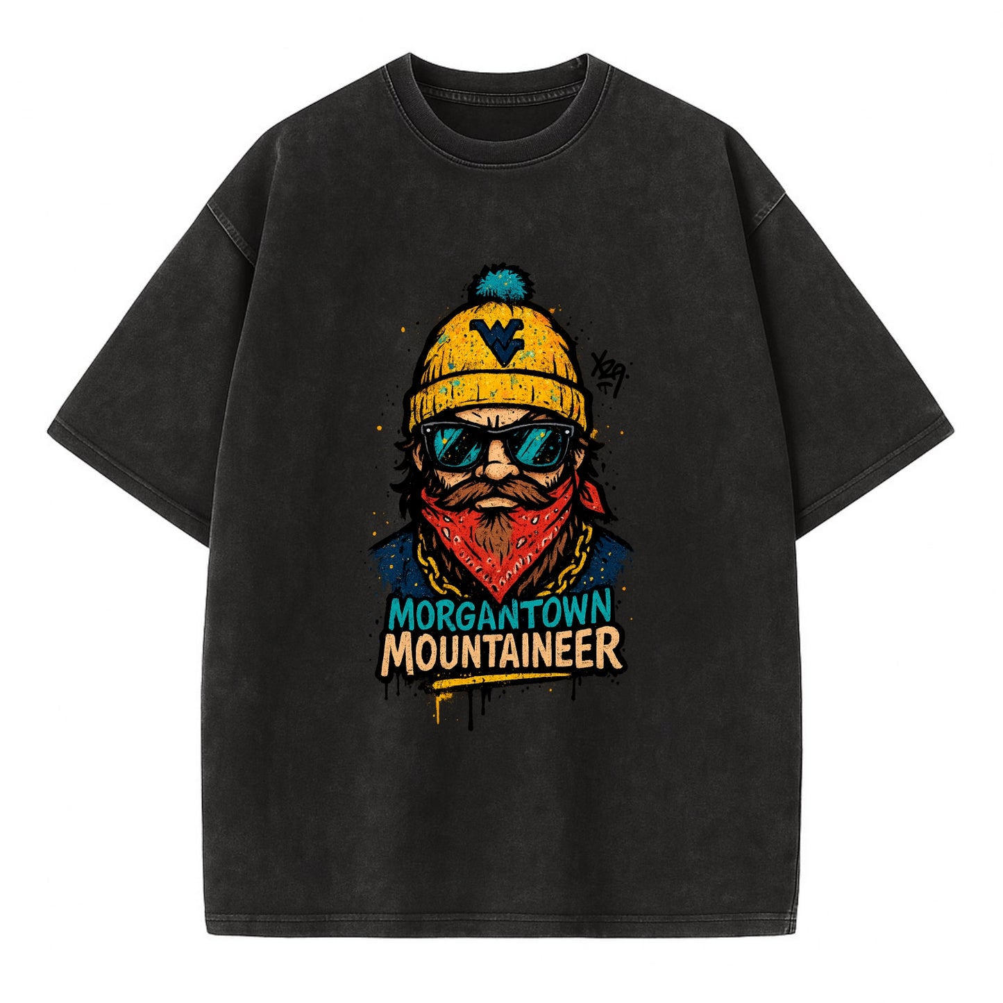 Morgantown Mountaineer wearing West Virginia beanie with WV patch - Vintage T-shirt - Black