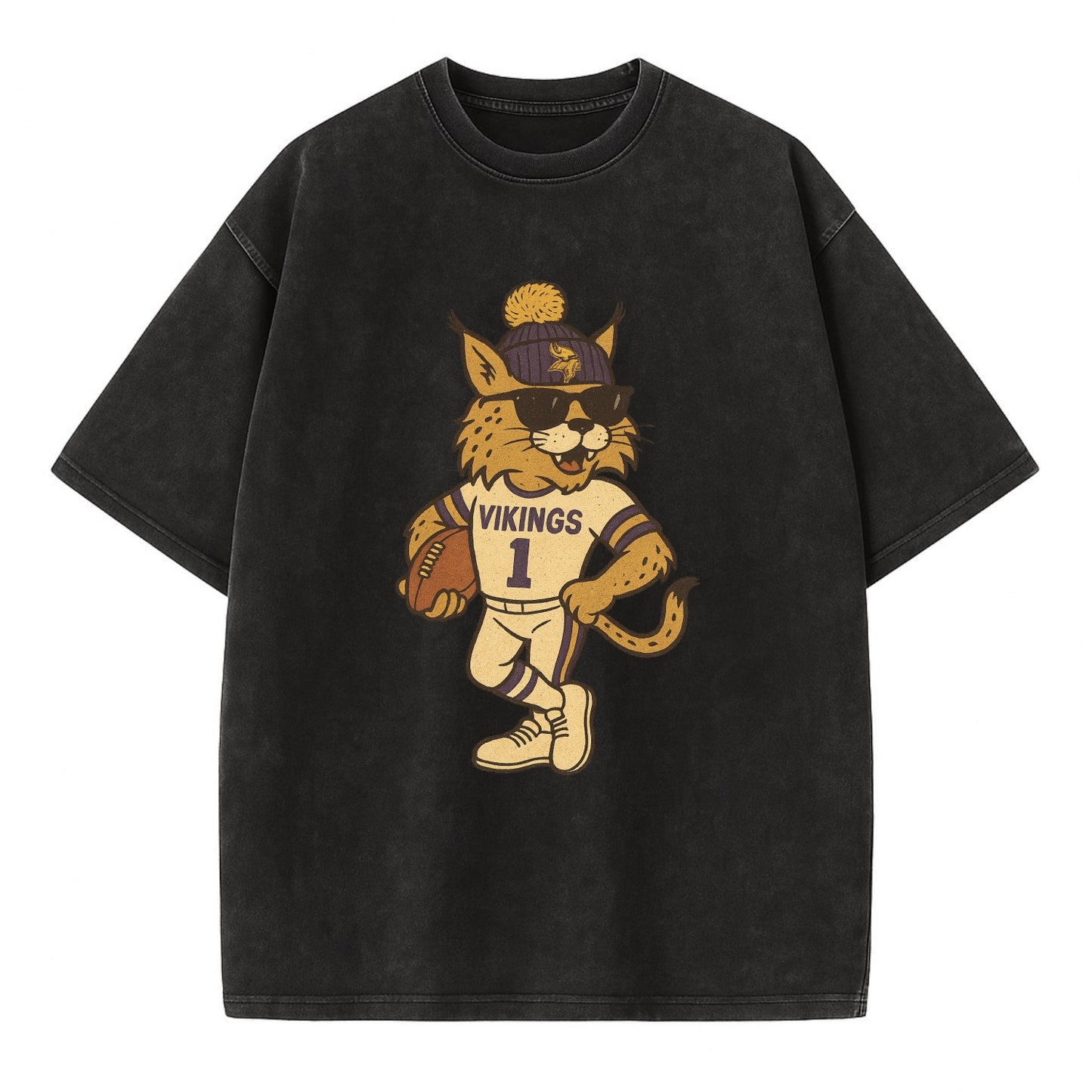 Minneapolis Lynx wearing Vikings beanie with Norse patch and wayfarer sunglasses - Vintage T-shirt - Black