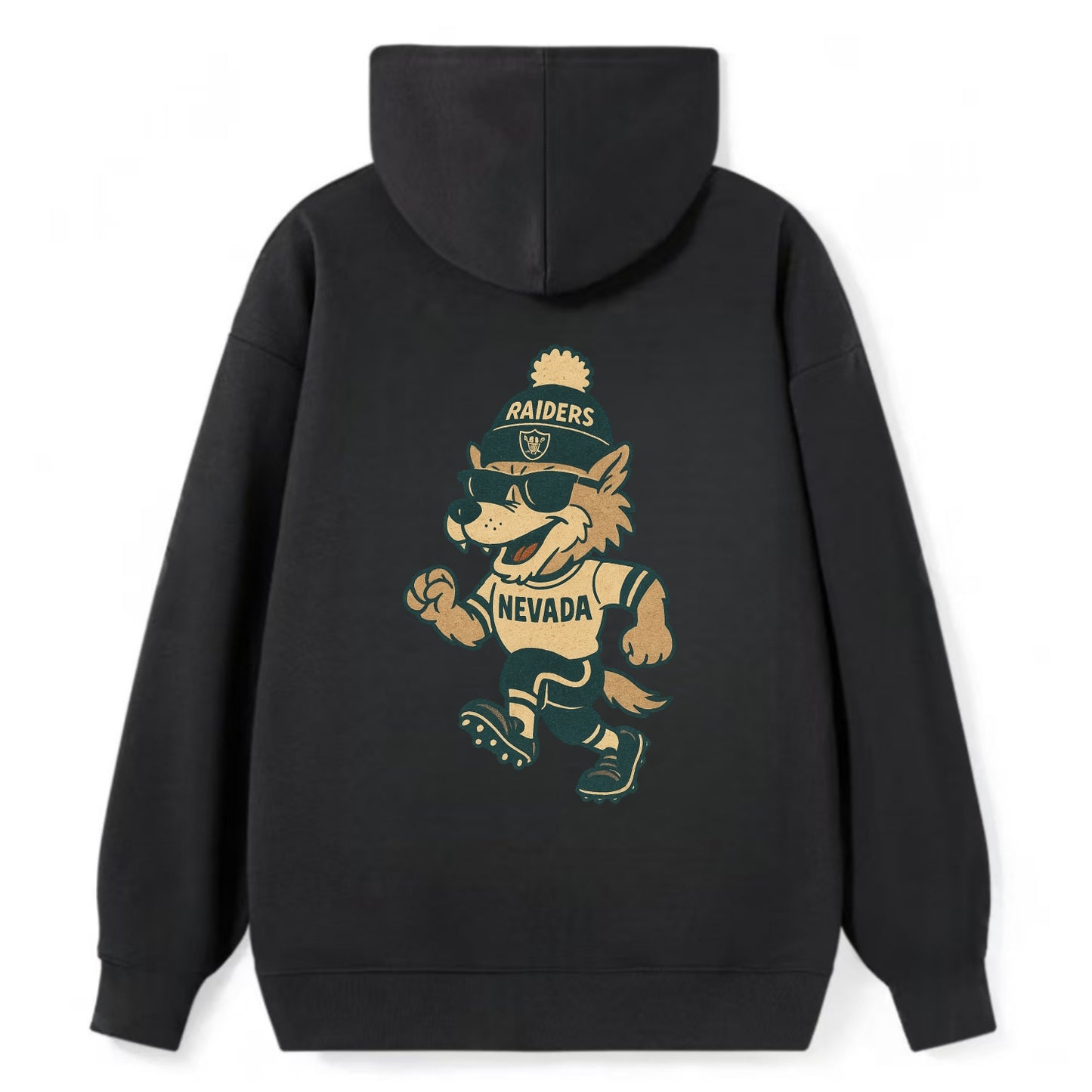Nevada Wolf wearing Raiders beanie with outlaw patch and wayfarer - Classic Pullover Hoodie - Black