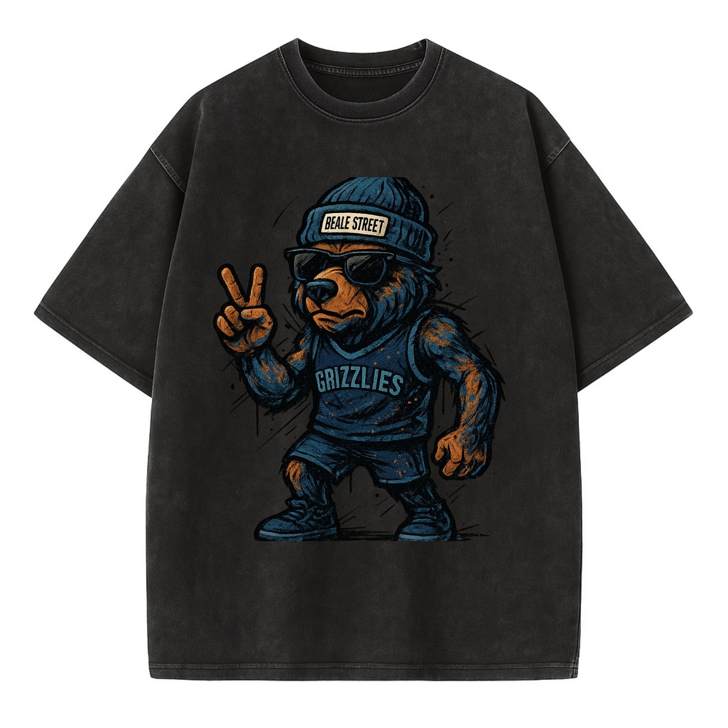 Memphis Grizzly Bear wearing Grizzlies navy and light blue beanie with Beale - Vintage T-shirt - Black