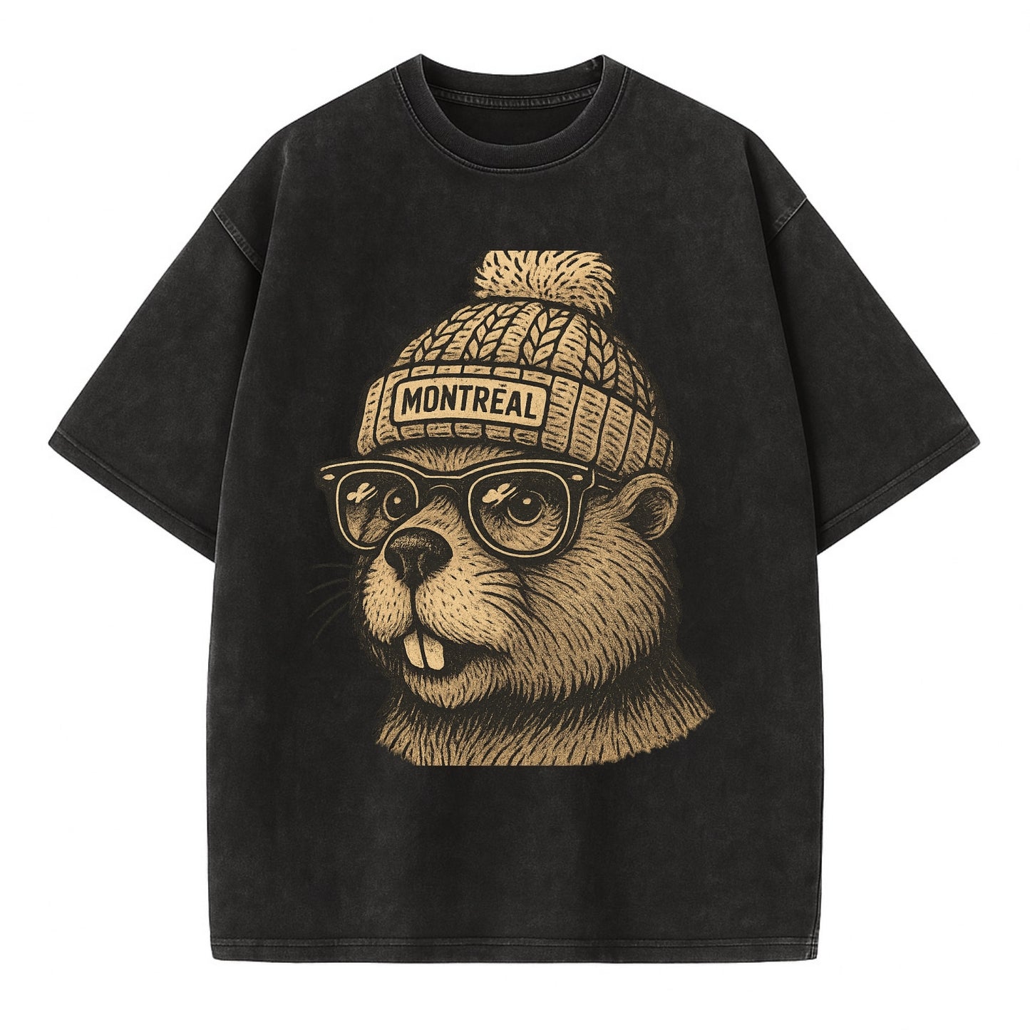 Montreal Beaver wearing Montreal beanie with pom pom and wayfarer sunglasses - Vintage T-shirt - Black