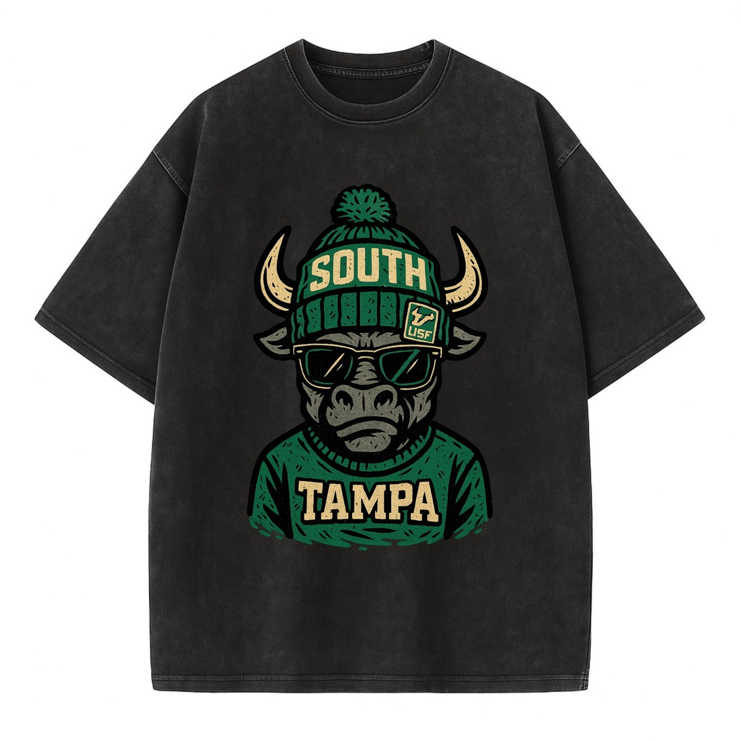 Tampa Bull wearing South Florida beanie with USF patch - Vintage T-shirt - Black