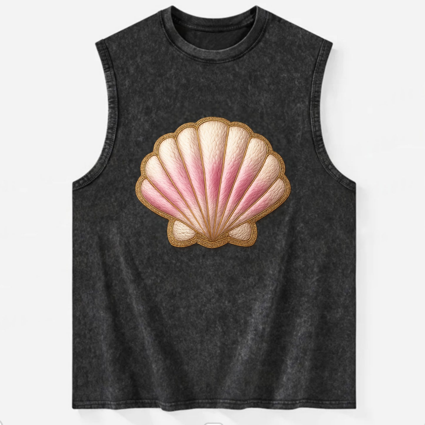 SEASHELL SCALLOP - scallop shell in cream and pink , beach - Vintage Washed Tank - Black
