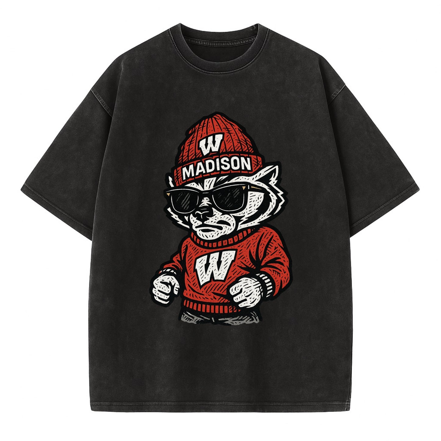 Madison Badger wearing Wisconsin beanie with motion W patch - Vintage T-shirt - Black