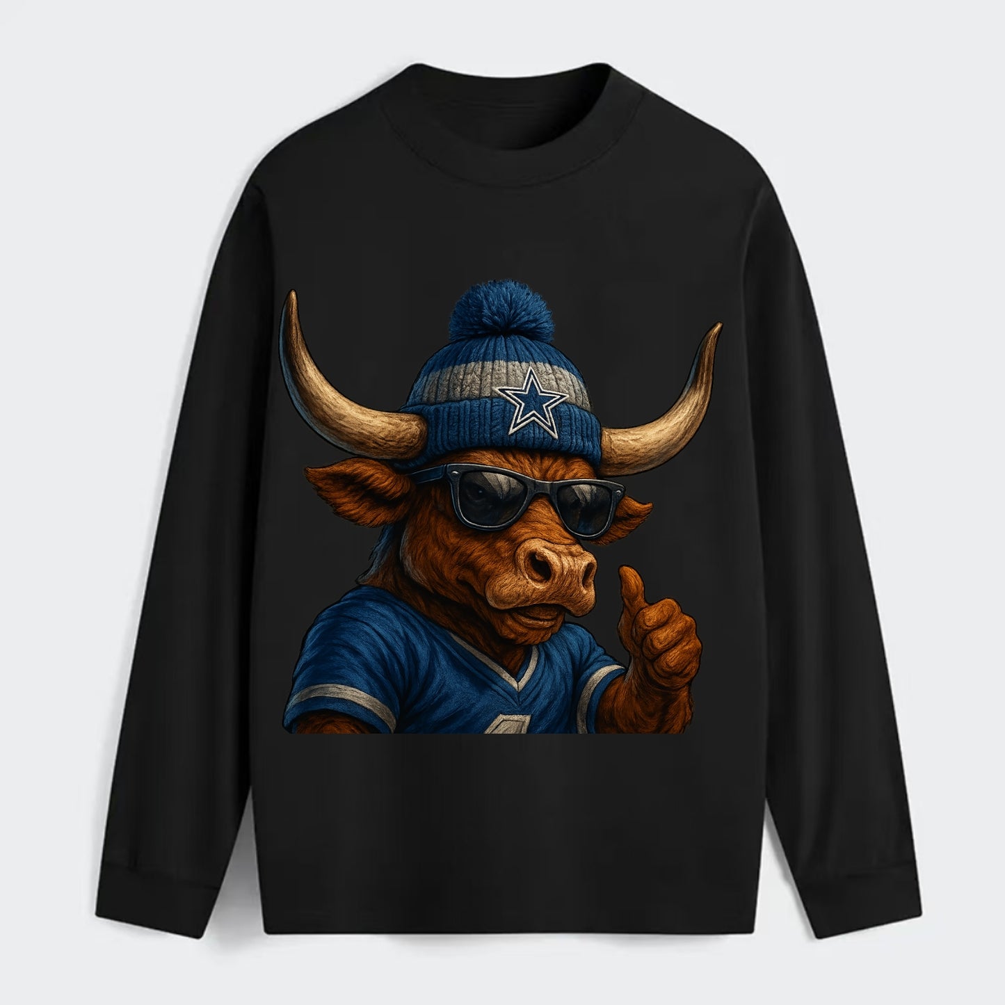 Texas Longhorn wearing Cowboys silver and blue beanie with star and - Classic Long Sleeve Shirt - Black