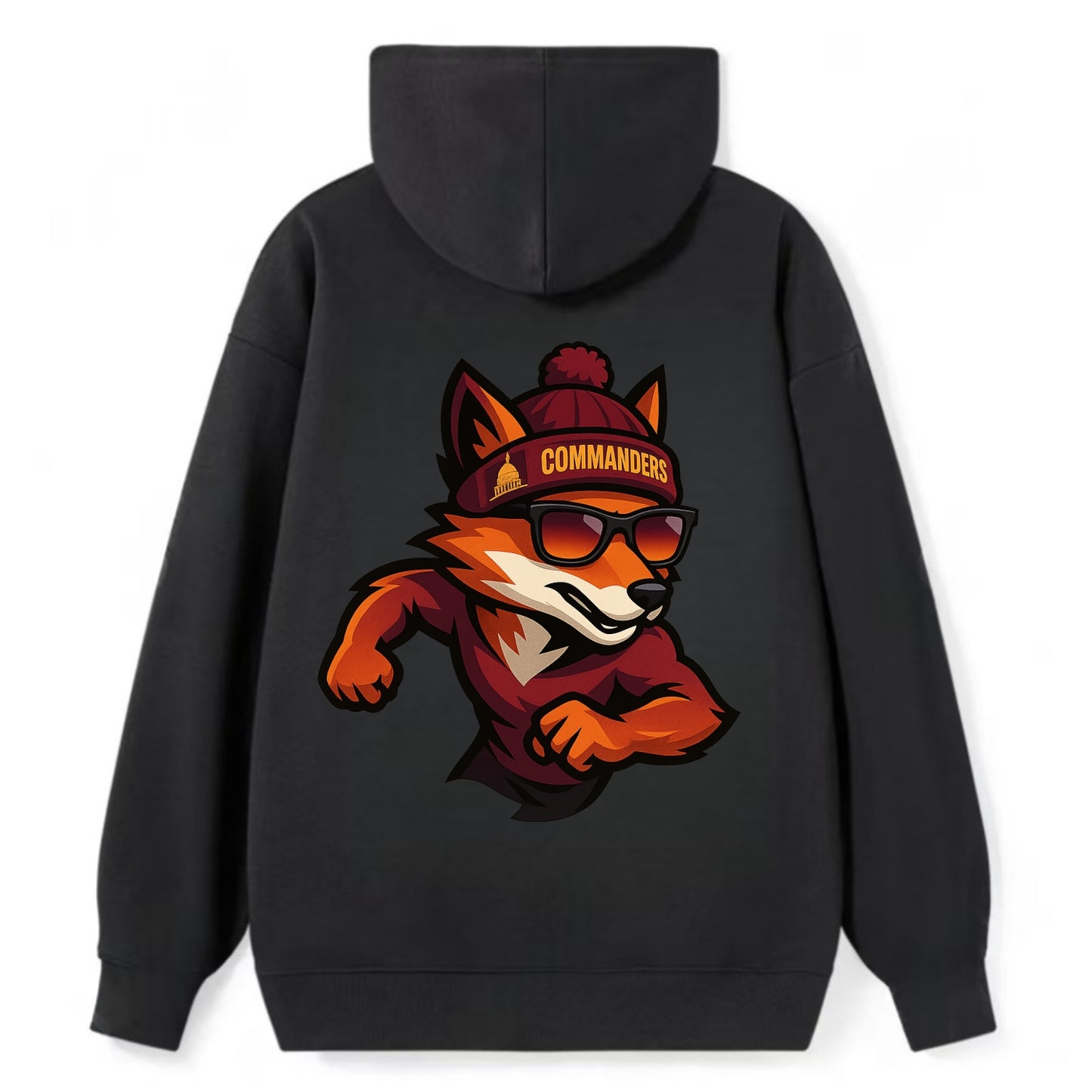 Washington Fox wearing Commanders beanie with Capitol patch and wayfarer - Classic Pullover Hoodie - Black