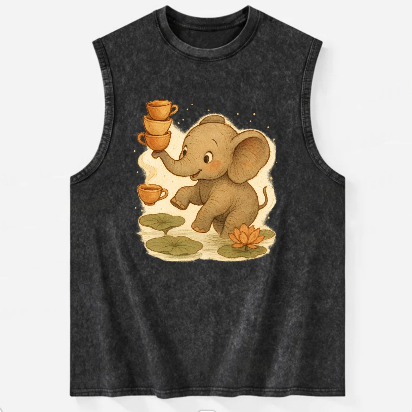 Elephant balancing teacups during a floating tea ceremony beside lotus ponds - Vintage Washed Tank - Black