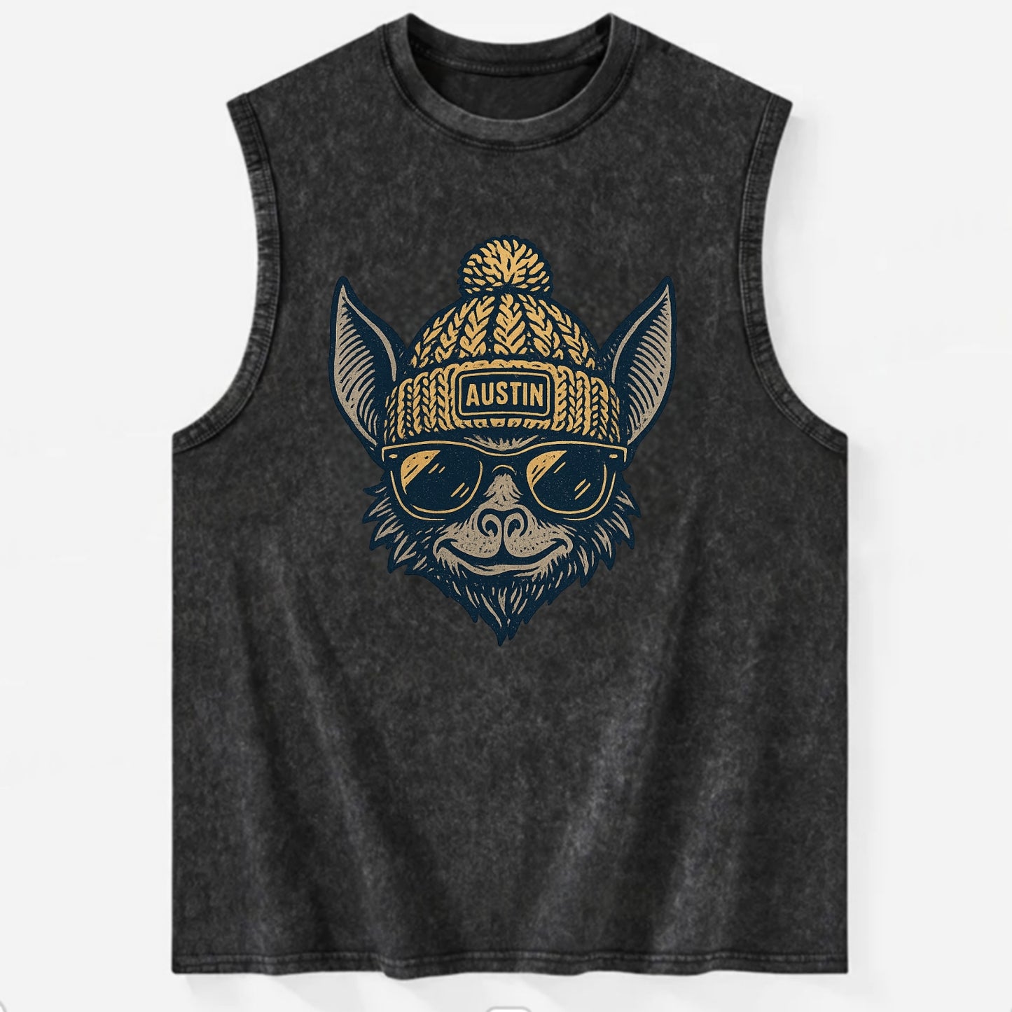 Austin Bat wearing Austin beanie with pom pom and wayfarer sunglasses - Vintage Washed Tank - Black