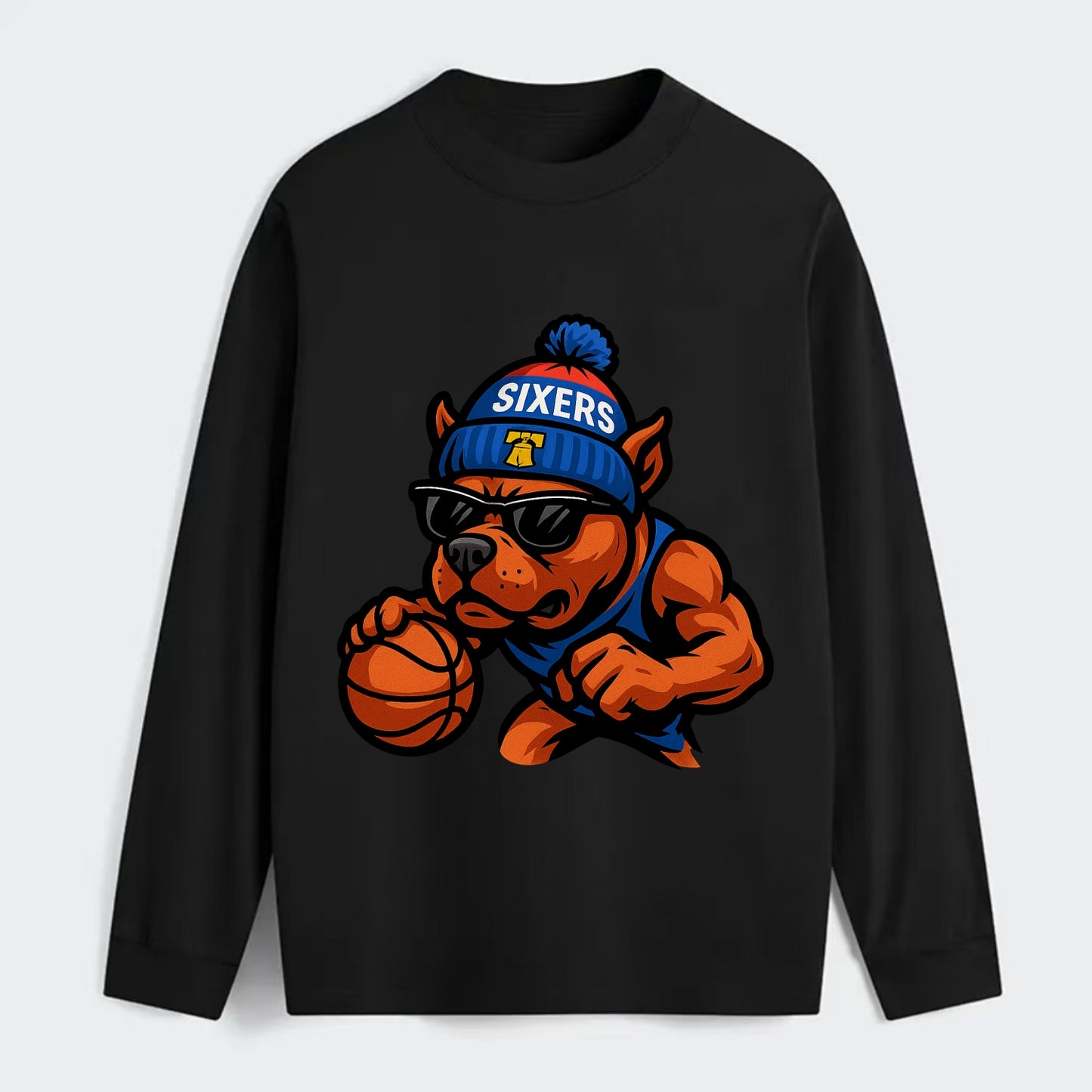 Philly Pitbull wearing Sixers beanie with Liberty Bell and wayfarer - Classic Long Sleeve Shirt - Black