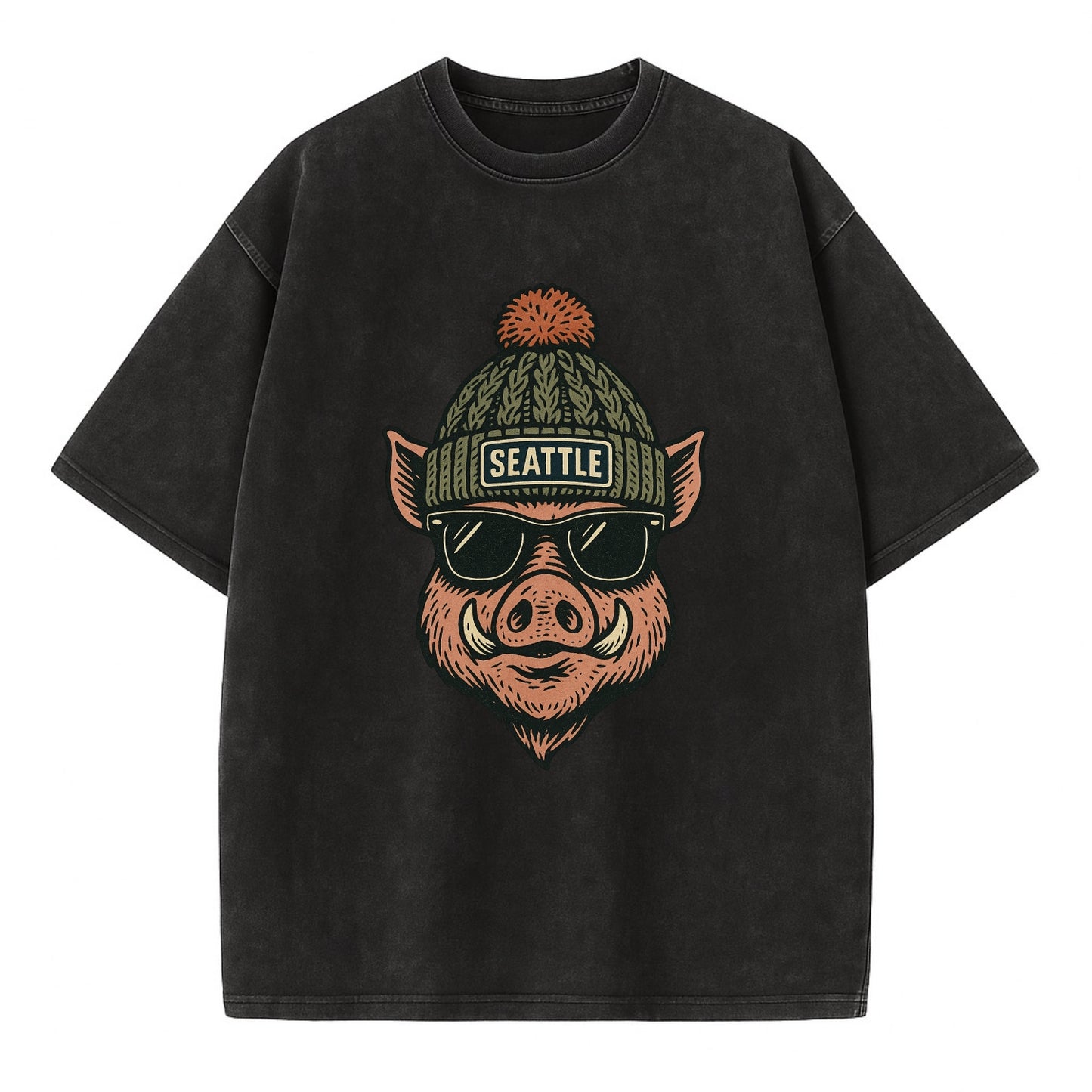 Washington Hog wearing Seattle beanie with pom pom and wayfarer sunglasses - Vintage T-shirt - Black