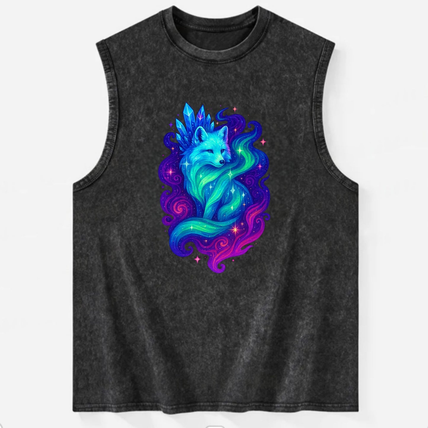 Ethereal arctic fox with fur that transforms into crystal formations, - Vintage Washed Tank - Black
