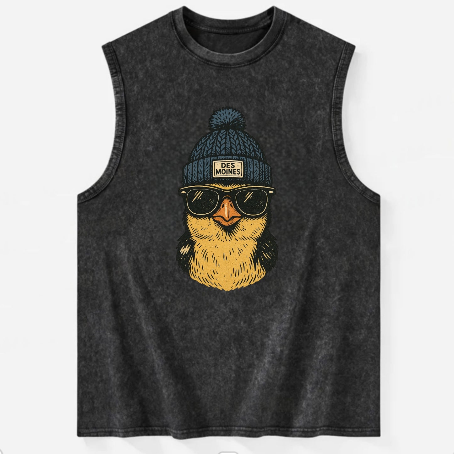 Iowa Goldfinch wearing Des Moines beanie with pom pom and wayfarer sunglasses - Vintage Washed Tank - Black