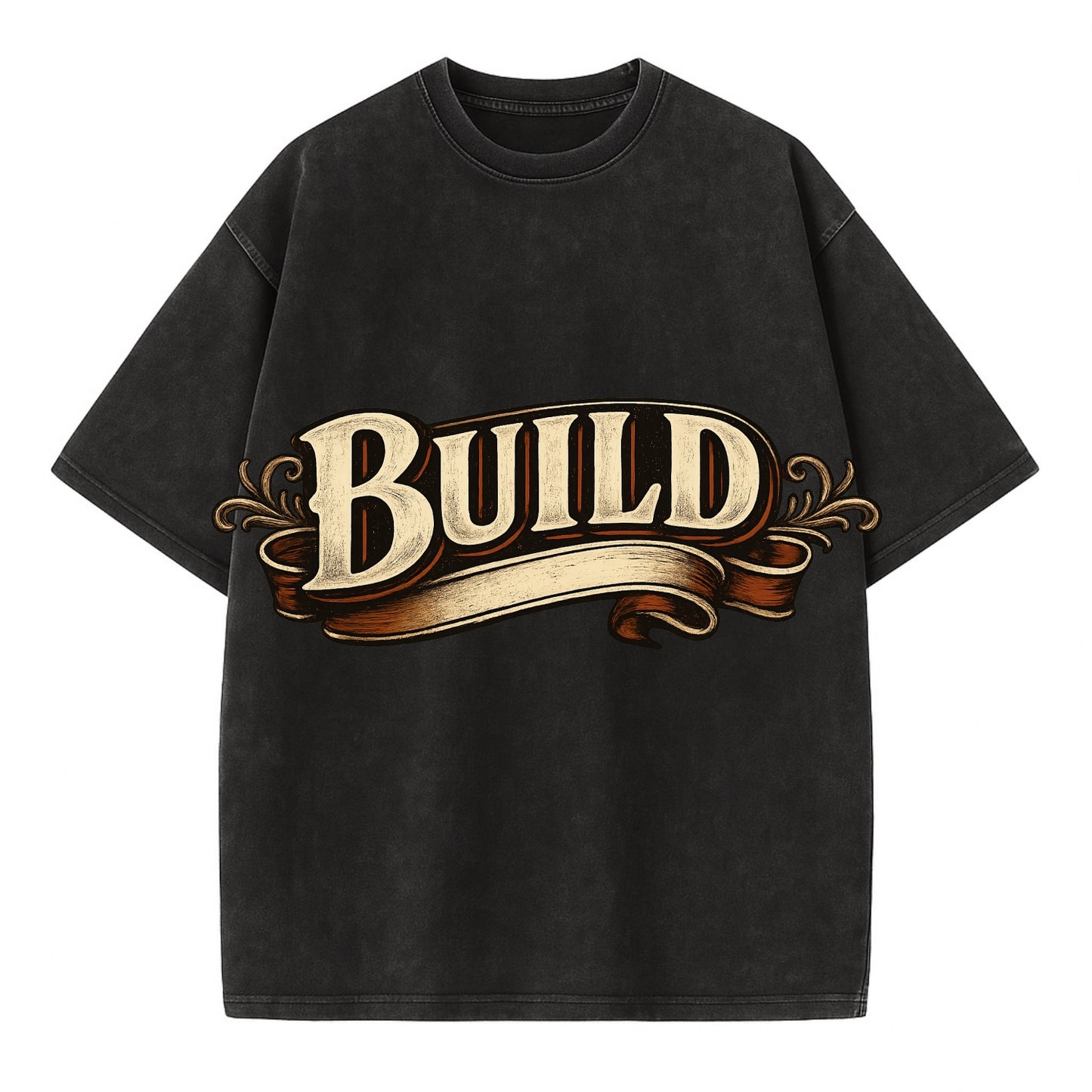 Bold typography design - "BUILD" - constructing, making real - Vintage T-shirt - Black