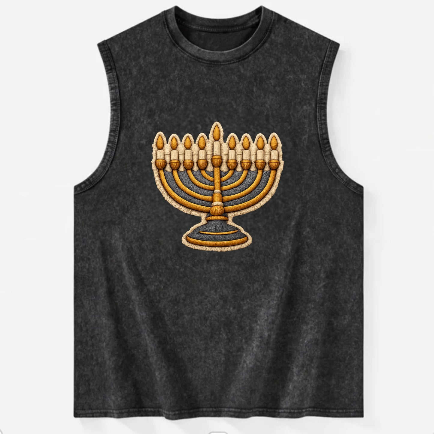 MENORAH LIGHTS - nine branch candelabra in gold and blue , Hanukkah - Vintage Washed Tank - Black