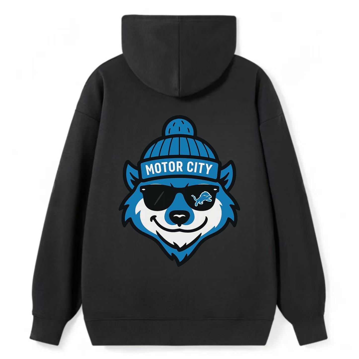 Motor City Wolverine wearing Lions beanie with gear patch and wayfarer - Classic Pullover Hoodie - Black