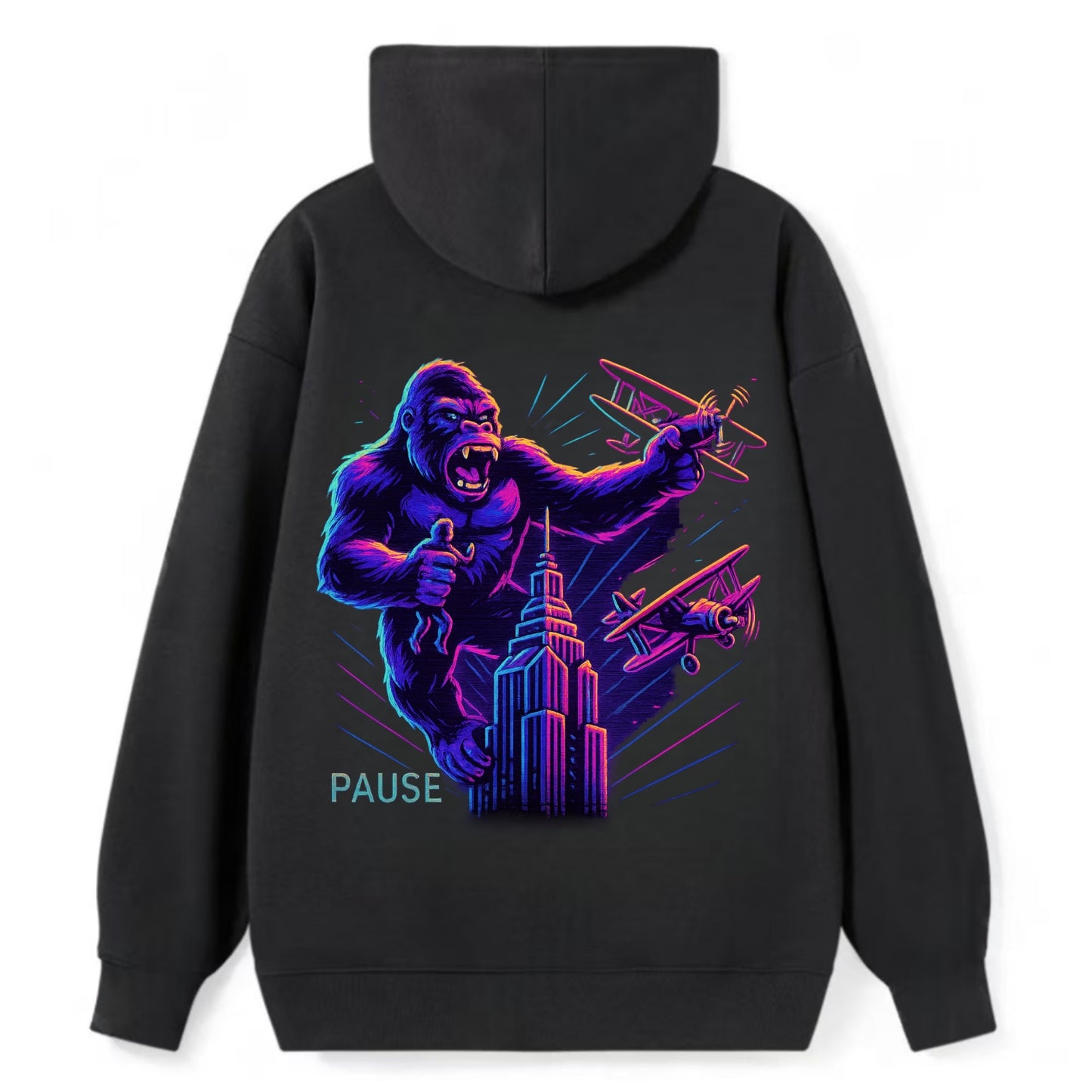 giant gorilla on top of skyscraper holding small figure, swatting planes - Classic Pullover Hoodie - Black