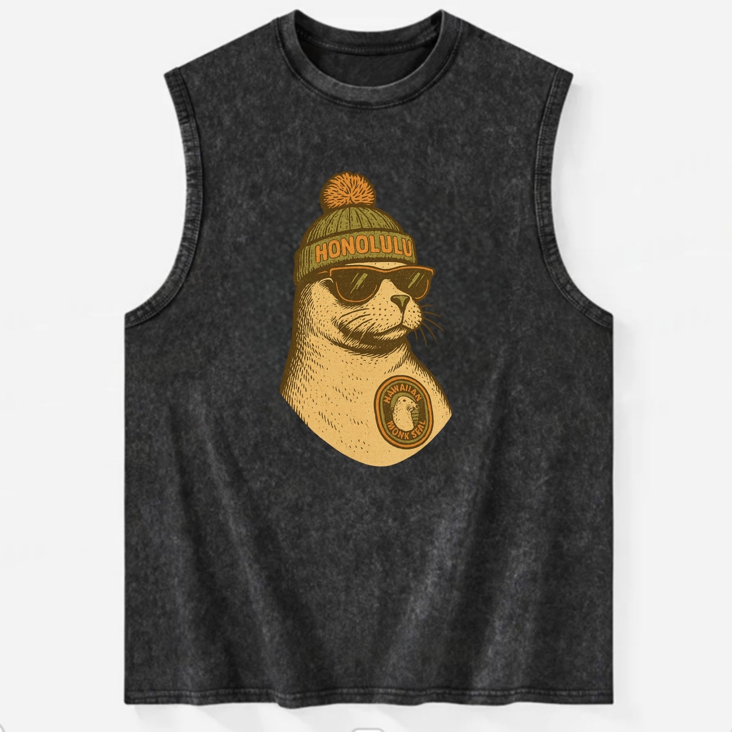 Hawaii Monk Seal wearing Honolulu beanie with pom pom and wayfarer sunglasses - Vintage Washed Tank - Black