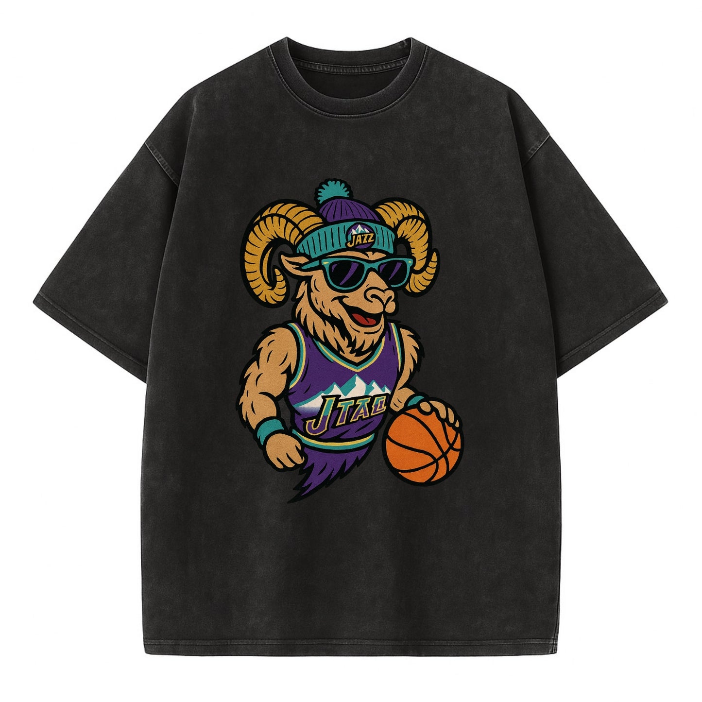 Utah Bighorn wearing Jazz beanie with mountain melody patch and wayfarer - Vintage T-shirt - Black
