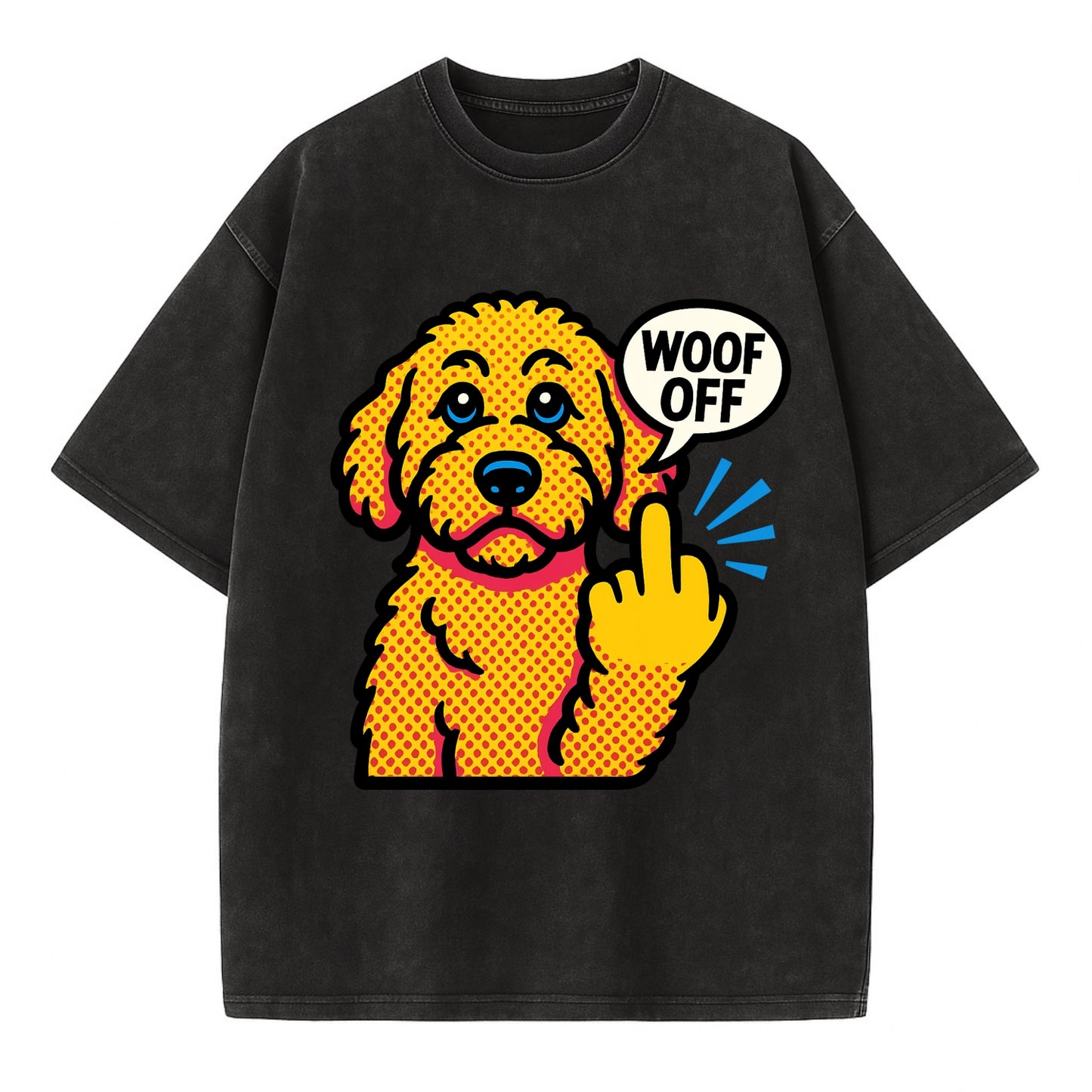 Goldendoodle with teddy bear face and curly golden coat, friendly paw flipping off - Vintage T-shirt - Black