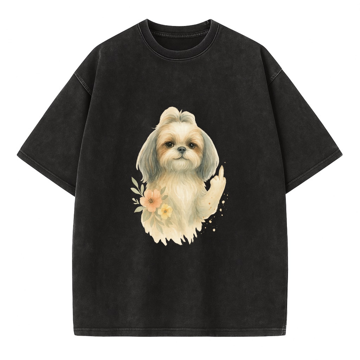 Shih Tzu with long flowing silky hair, tiny paw showing attitude - Vintage T-shirt - Black