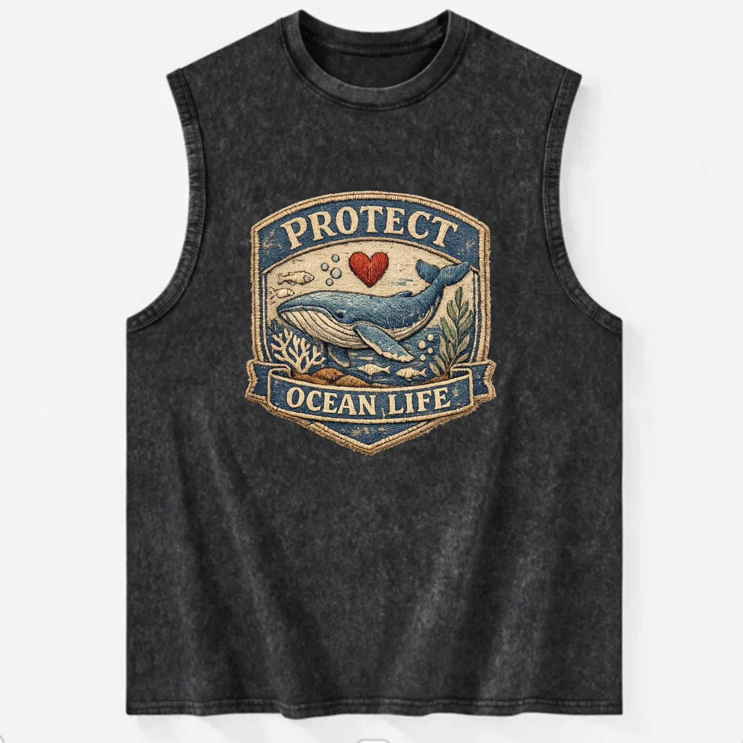 PROTECT OCEAN LIFE - whale with heart in blue , marine conservation - Vintage Washed Tank - Black