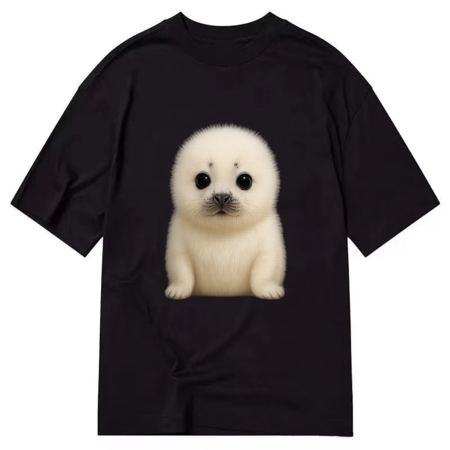 Baby Harp Seal - pure white fluffy fur, enormous dark eyes, front-facing, iconic - Classic T-shirt - Black