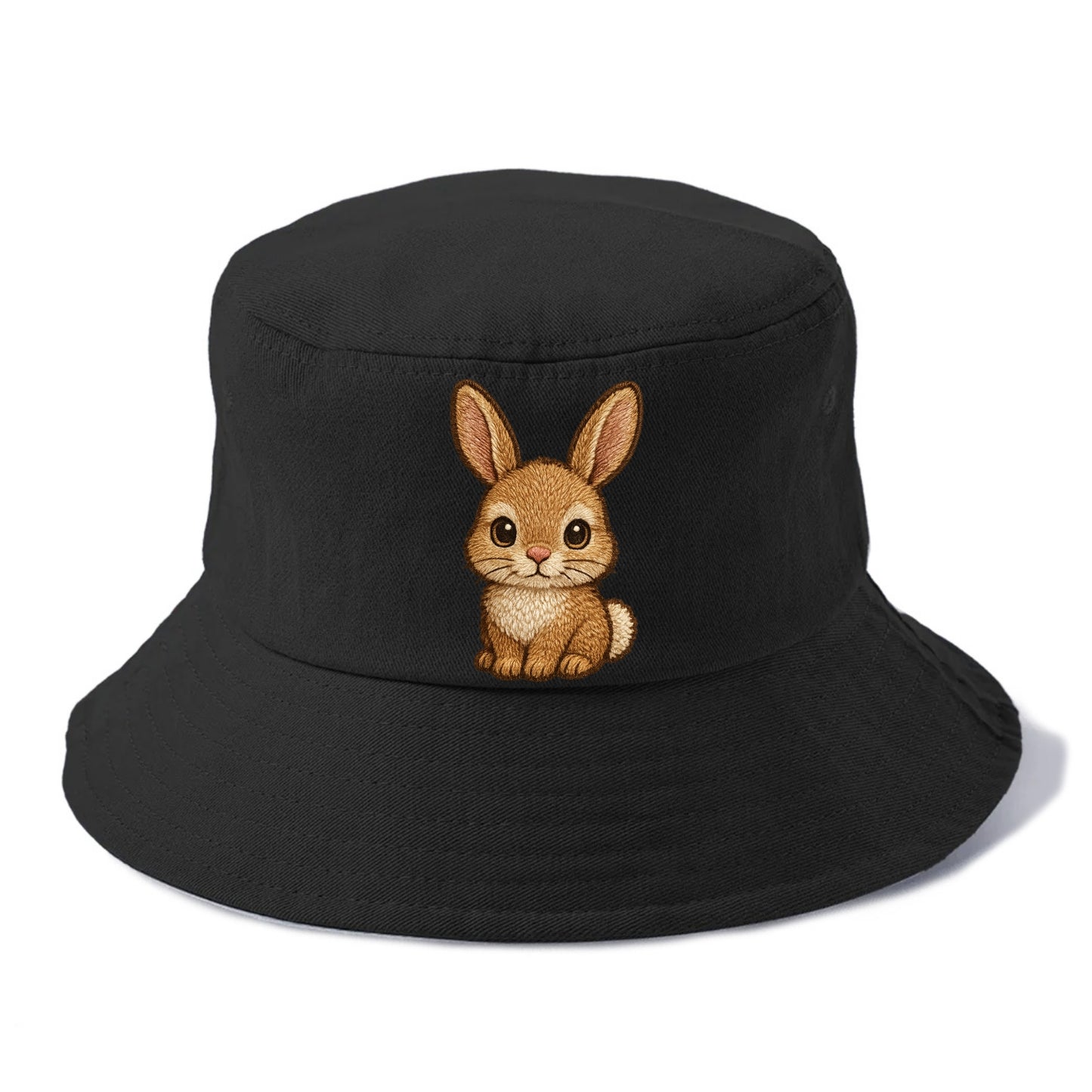 Baby Rabbit - long ears, fluffy white tail, pink nose, large brown eyes, front-facing, - Bucket Hat - Black